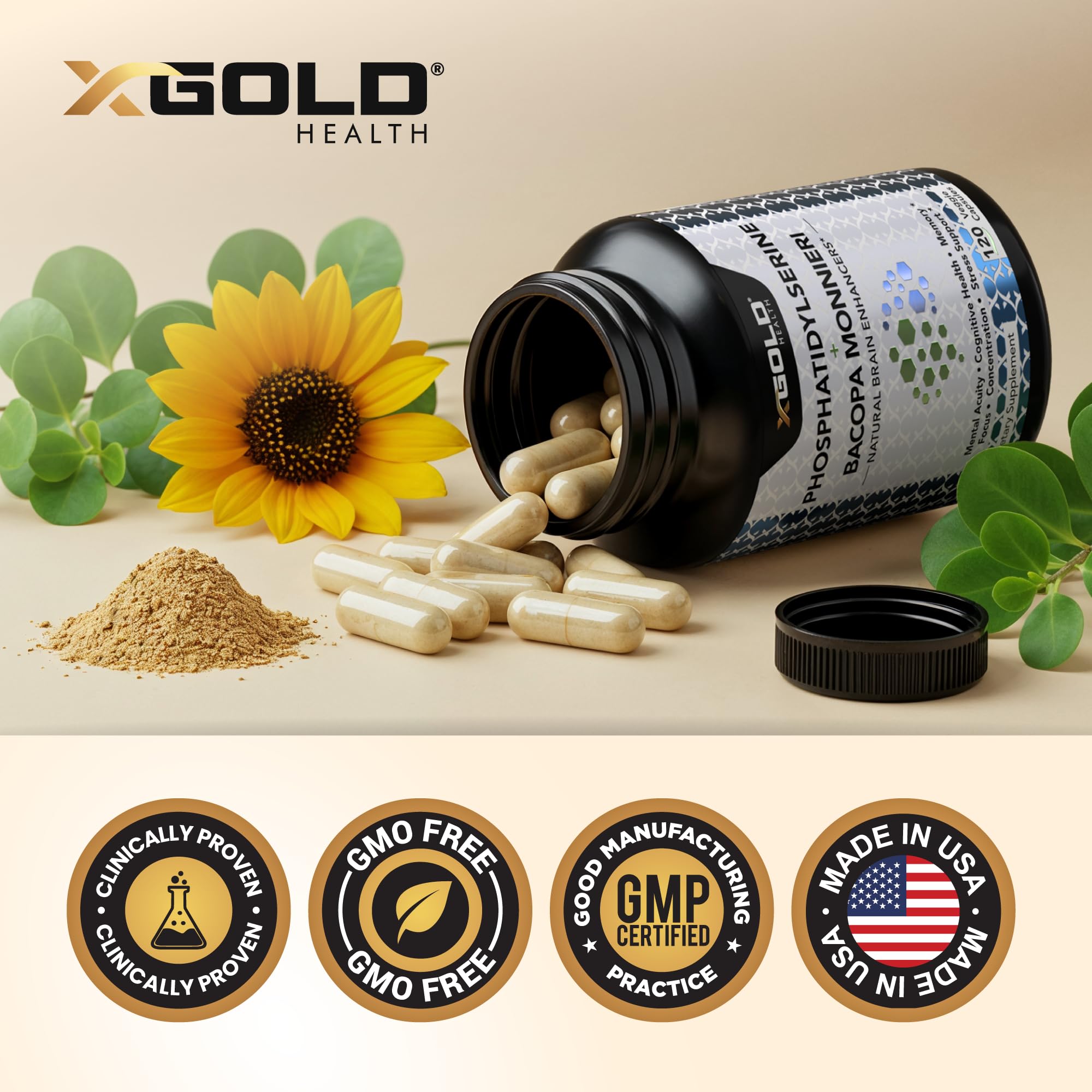 PhosphatidylSerine & Bacopa Monnieri 800 mg 2 in 1 Supplement - Natural Brain Enhancer/Nootropic for Enhanced Focus and Concentration, Memory Support, & Cognitive Function - 120 Vegetarian Capsules - TrustMedUSA