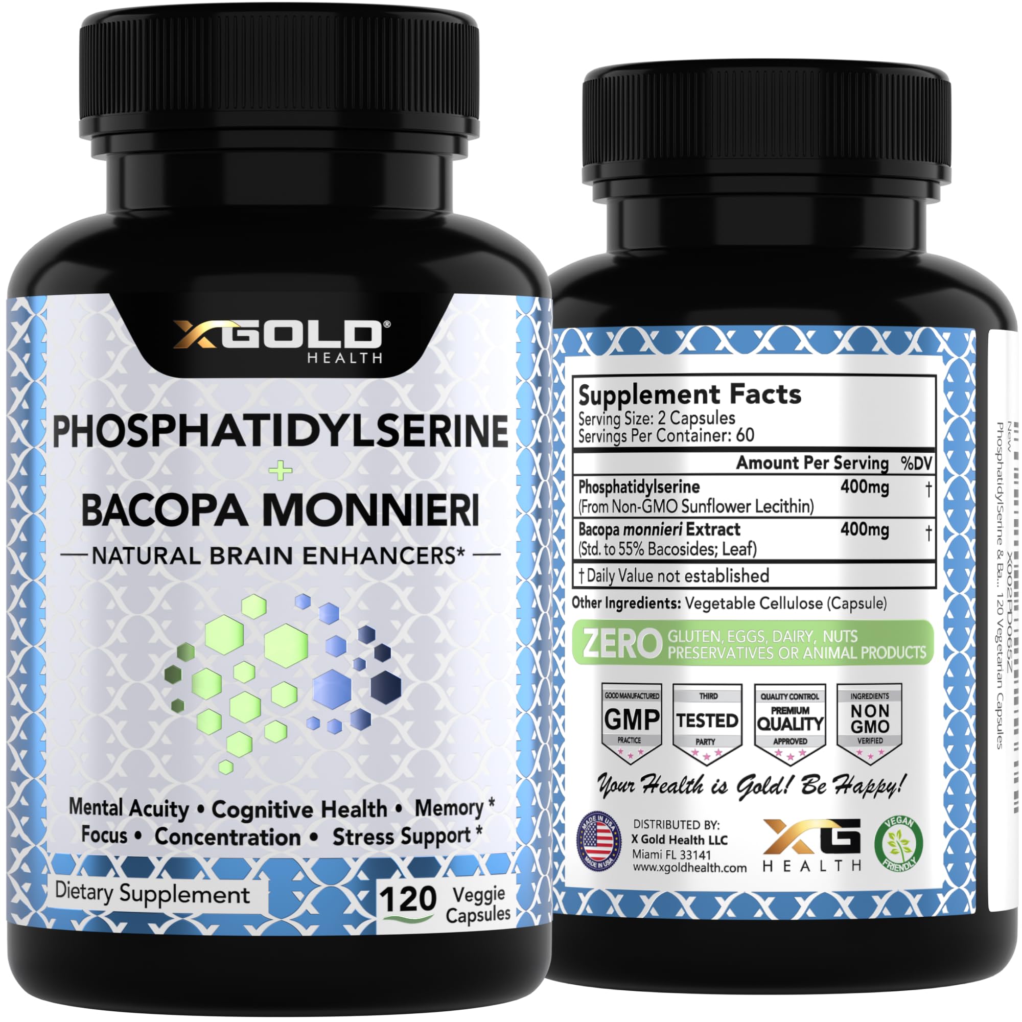 PhosphatidylSerine & Bacopa Monnieri 800 mg 2 in 1 Supplement - Natural Brain Enhancer/Nootropic for Enhanced Focus and Concentration, Memory Support, & Cognitive Function - 120 Vegetarian Capsules - TrustMedUSA