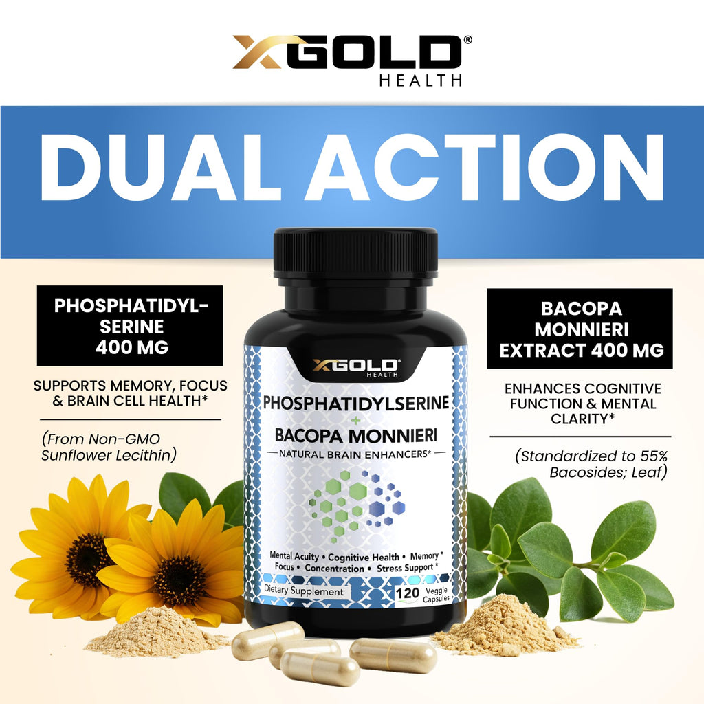 PhosphatidylSerine & Bacopa Monnieri 800 mg 2 in 1 Supplement - Natural Brain Enhancer/Nootropic for Enhanced Focus and Concentration, Memory Support, & Cognitive Function - 120 Vegetarian Capsules - TrustMedUSA
