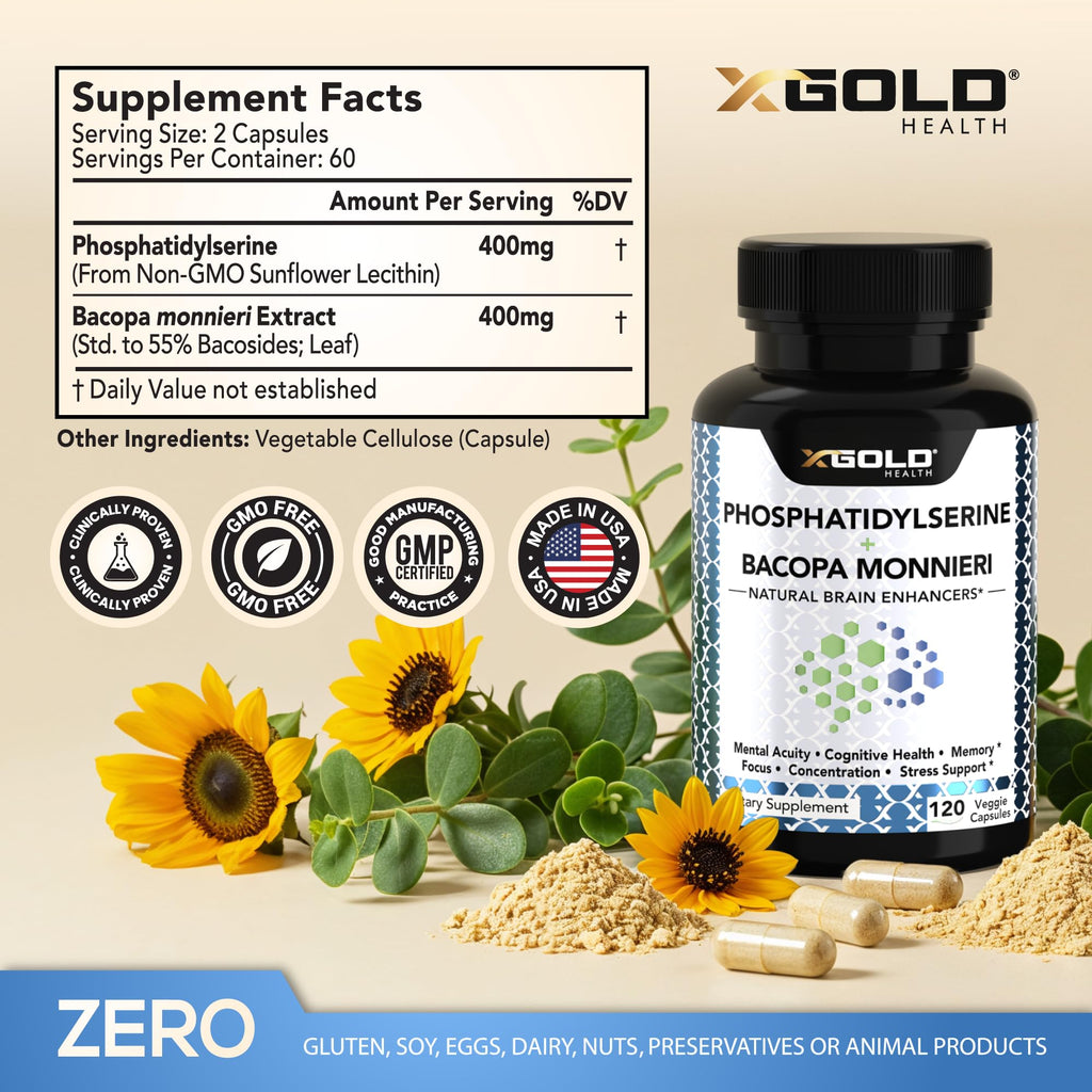 PhosphatidylSerine & Bacopa Monnieri 800 mg 2 in 1 Supplement - Natural Brain Enhancer/Nootropic for Enhanced Focus and Concentration, Memory Support, & Cognitive Function - 120 Vegetarian Capsules - TrustMedUSA