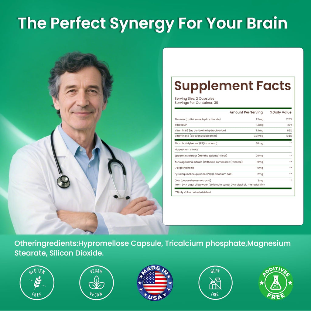 PhosphatidylSerine Memory & Focus Supplement with DHA, Spearmint, Magnesium & Ashwagandha – Brain Clarity, Stress Relief & Cognitive Support – Gluten-Free Vegan, 60 Capsules - TrustMedUSA