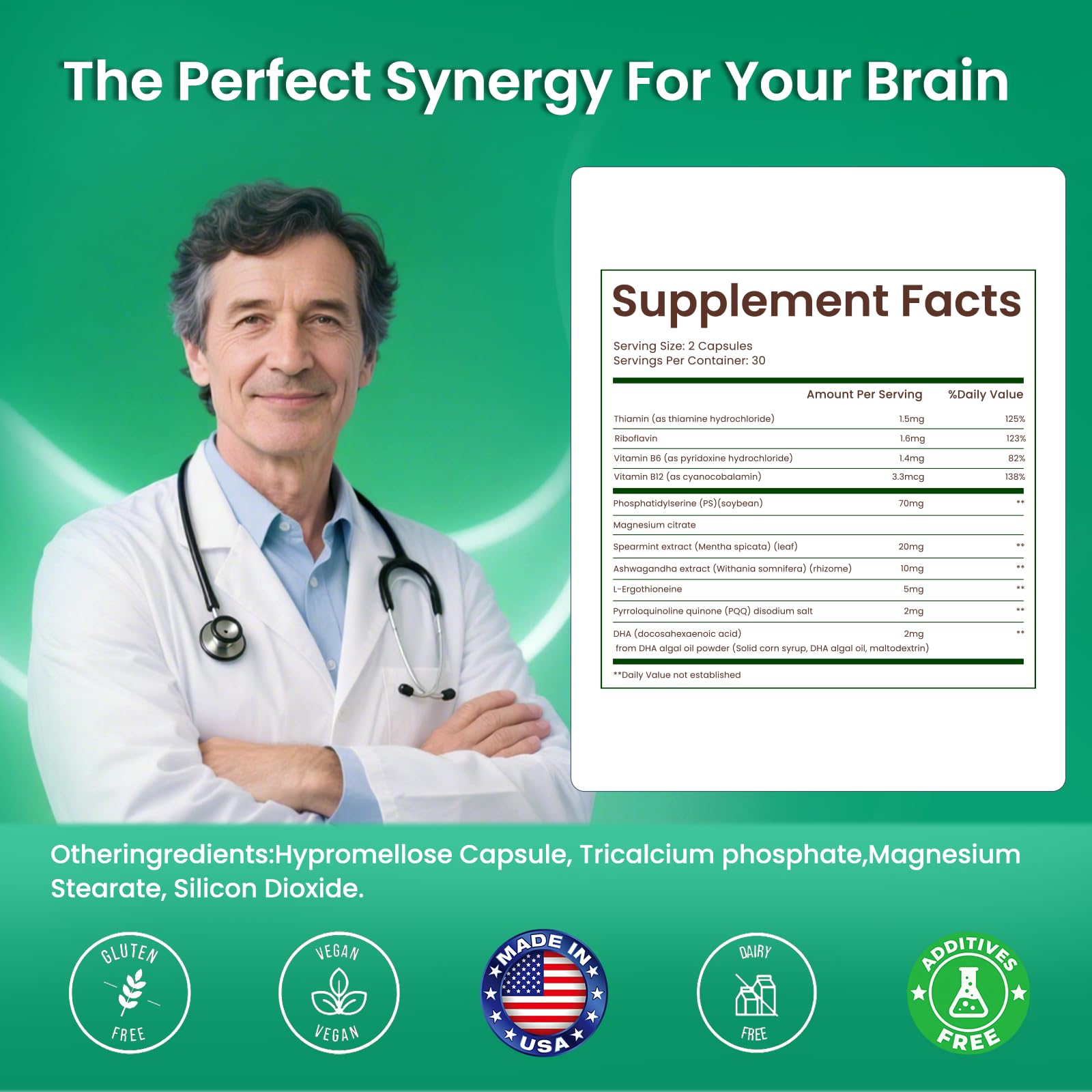 PhosphatidylSerine Memory & Focus Supplement with DHA, Spearmint, Magnesium & Ashwagandha – Brain Clarity, Stress Relief & Cognitive Support – Gluten-Free Vegan, 60 Capsules - TrustMedUSA