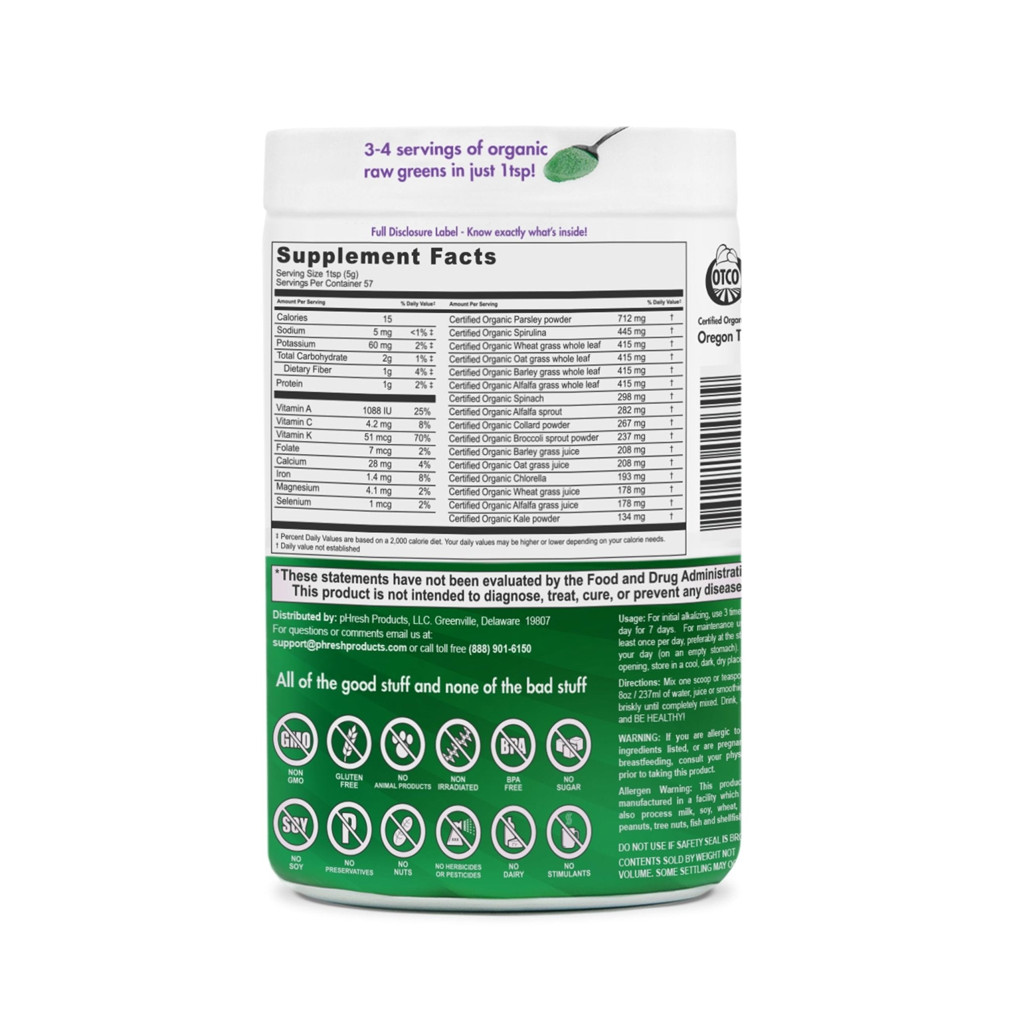 pHresh - Greens Raw Alkalizing Superfood Greens Powder - 2 Month Supply - Vegan, Kosher, Gluten Free - Natural Enzymes, Nutrients - Approved for Intermittent Fasting - 10 oz - TrustMedUSA