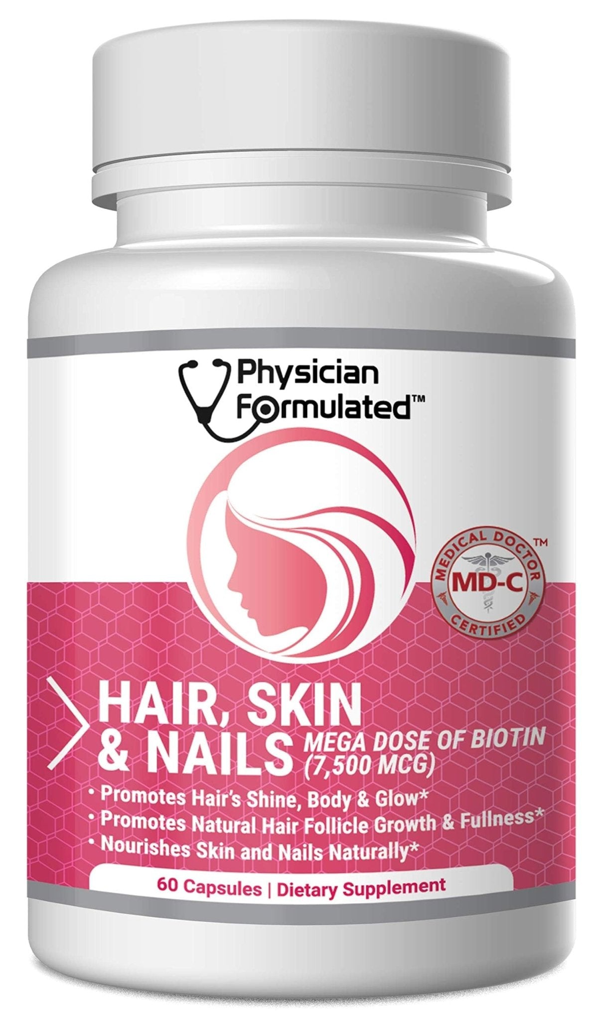 Physician Formulated Healthy Hair Skin and Nails Vitamins for Men and Women - 7500 mcg Biotin, Amino Acids, Collagen and Hyaluronic Acid - 60 Capsules - TrustMedUSA
