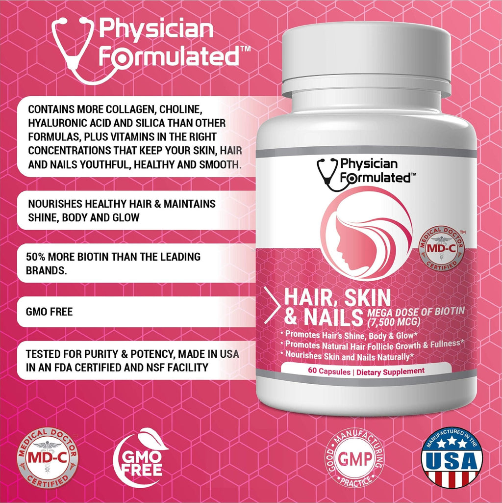 Physician Formulated Healthy Hair Skin and Nails Vitamins for Men and Women - 7500 mcg Biotin, Amino Acids, Collagen and Hyaluronic Acid - 60 Capsules - TrustMedUSA