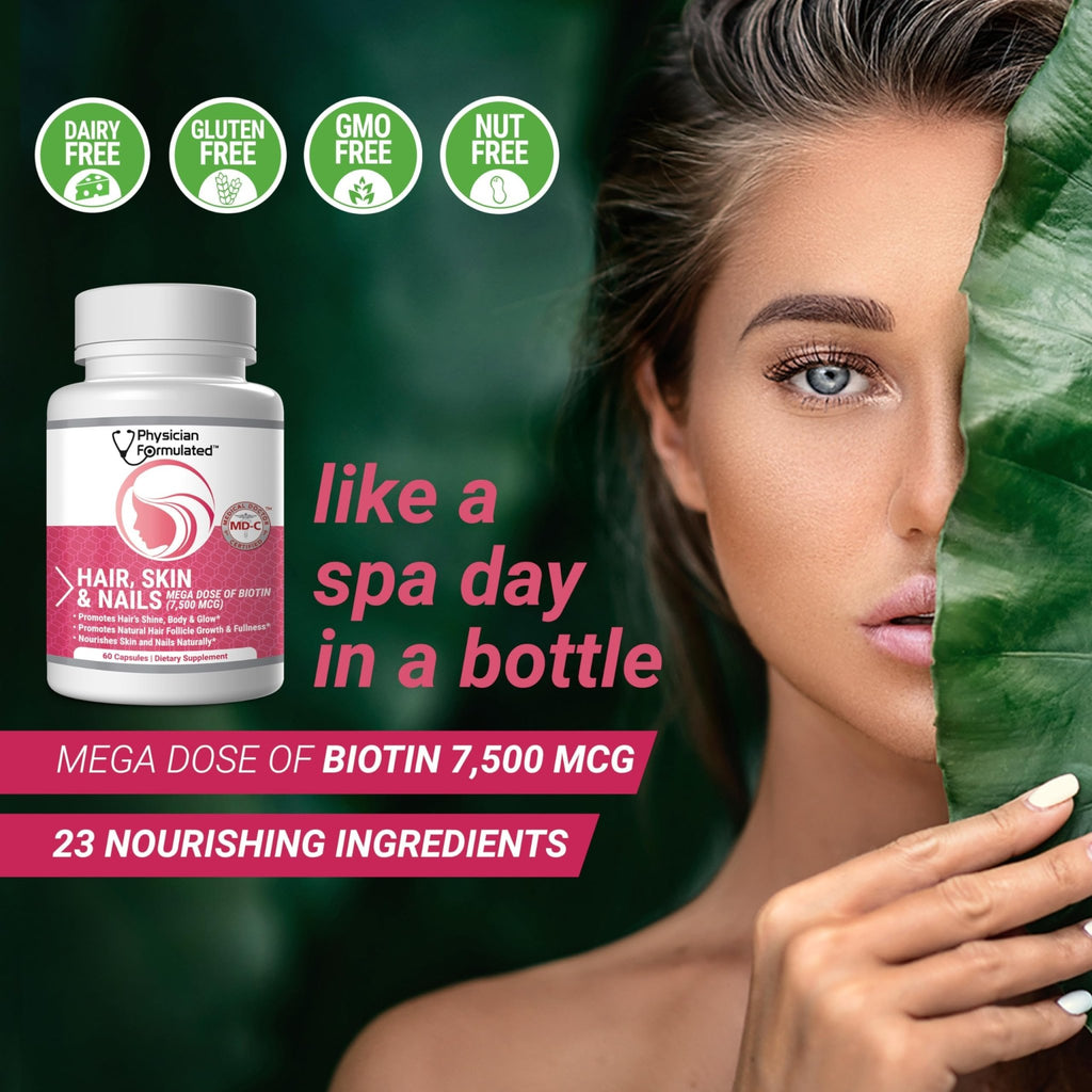 Physician Formulated Healthy Hair Skin and Nails Vitamins for Men and Women - 7500 mcg Biotin, Amino Acids, Collagen and Hyaluronic Acid - 60 Capsules - TrustMedUSA