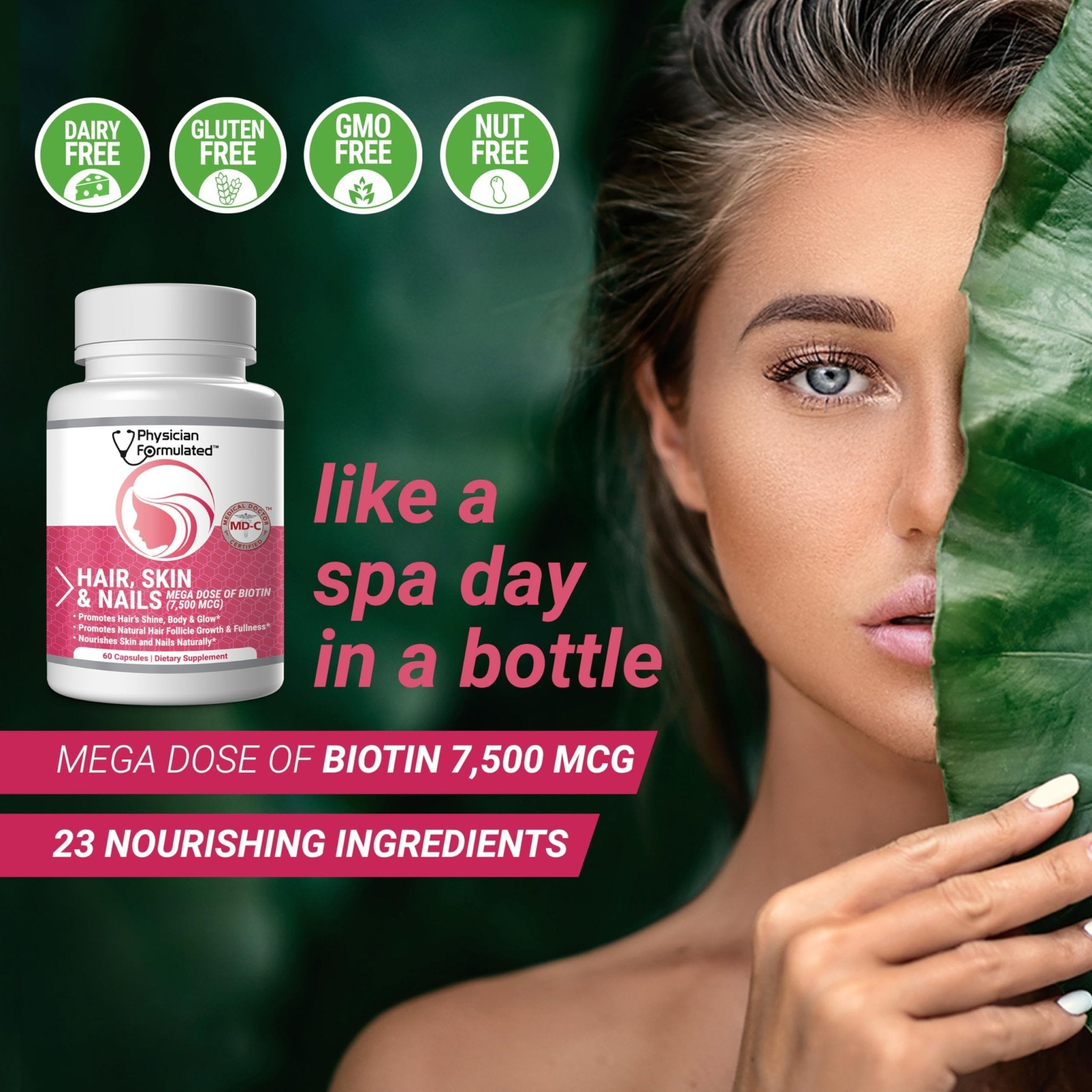 Physician Formulated Healthy Hair Skin and Nails Vitamins for Men and Women - 7500 mcg Biotin, Amino Acids, Collagen and Hyaluronic Acid - 60 Capsules - TrustMedUSA