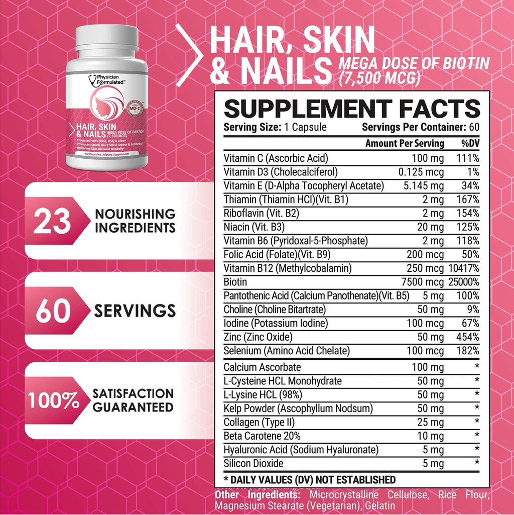 Physician Formulated Healthy Hair Skin and Nails Vitamins for Men and Women - 7500 mcg Biotin, Amino Acids, Collagen and Hyaluronic Acid - 60 Capsules - TrustMedUSA