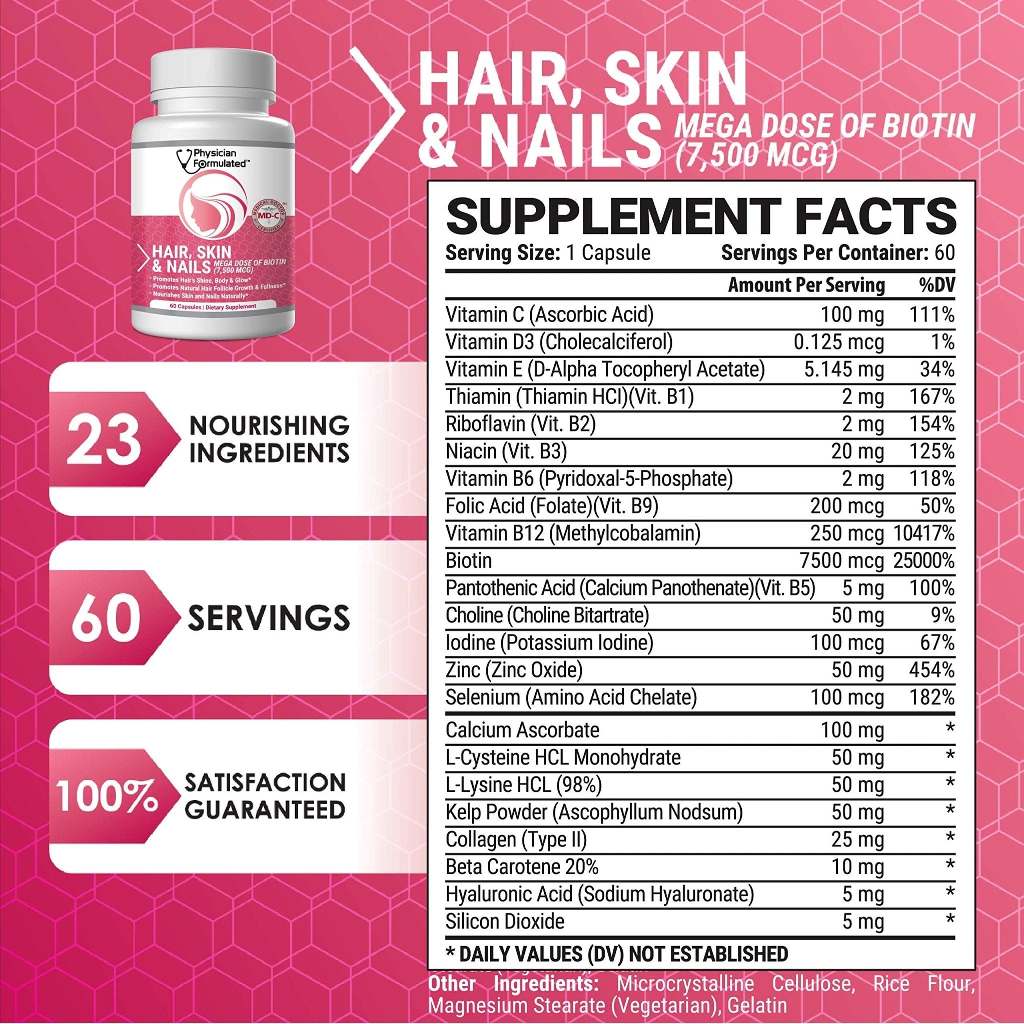 Physician Formulated Healthy Hair Skin and Nails Vitamins for Men and Women - 7500 mcg Biotin, Amino Acids, Collagen and Hyaluronic Acid - 60 Capsules - TrustMedUSA