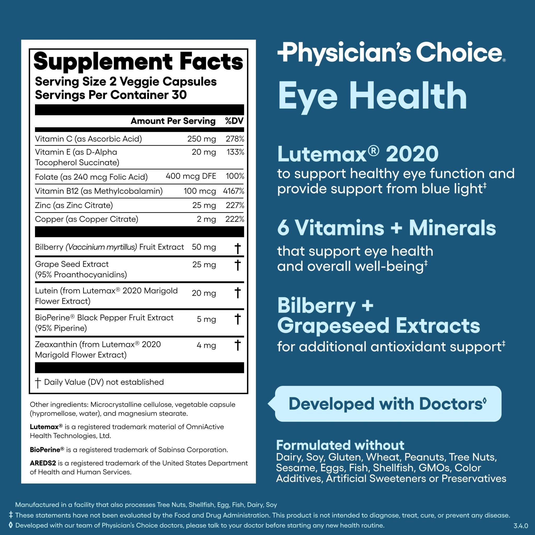 Physician's Choice Eye Health - Lutein, Zeaxanthin & Bilberry Extract - Supports Eye Strain, Dry Eyes, and Vision Health - 2 Award-Winning Clinically - TrustMedUSA