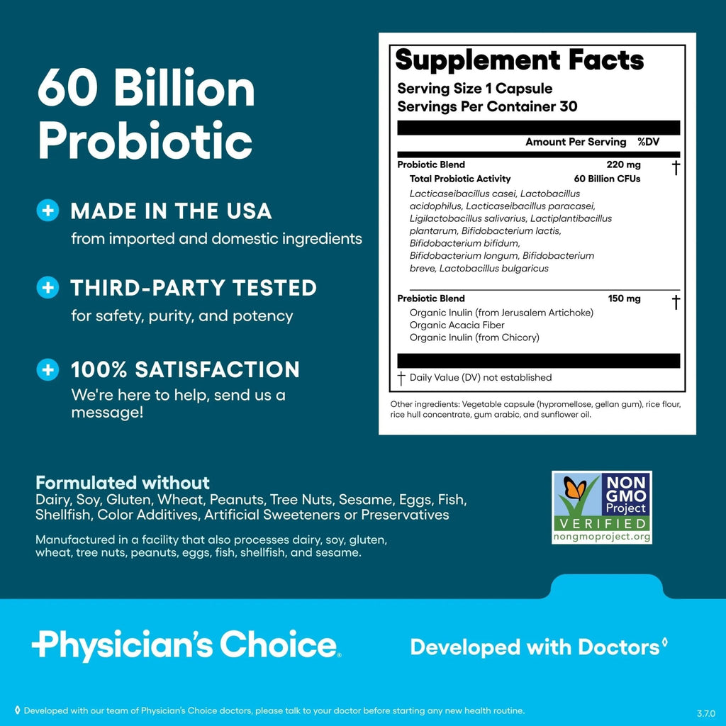 Physician's CHOICE Probiotics 60 Billion CFU - 10 Strains + Organic Prebiotics - Immune, Digestive & Gut Health - Supports Occasional Constipation - TrustMedUSA