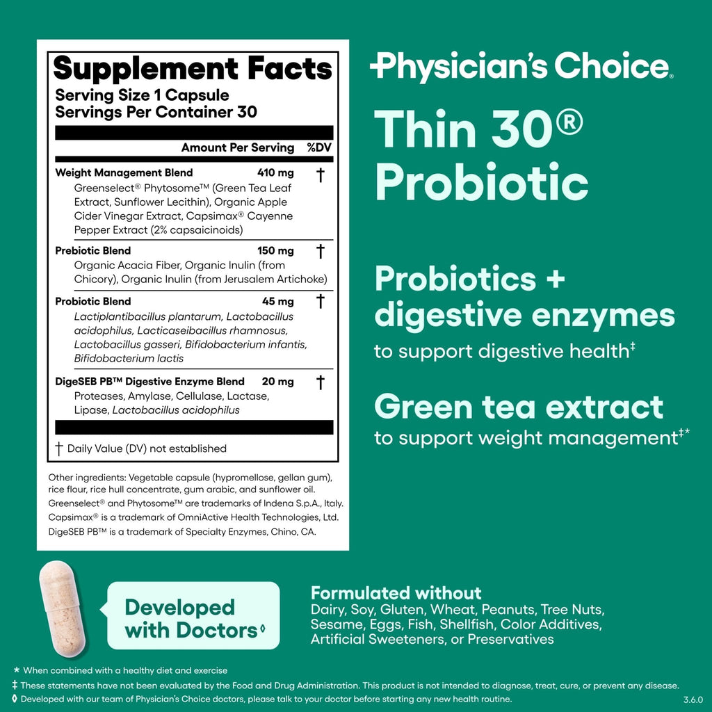 Physician's CHOICE Probiotics for Weight Management & Bloating - 6 Probiotic Strains - Prebiotics - Key ingredient Cayenne - Supports Gut Health - Weight Management for Women & Men - Green Tea - 30 CT - Maple Wellness Supplements