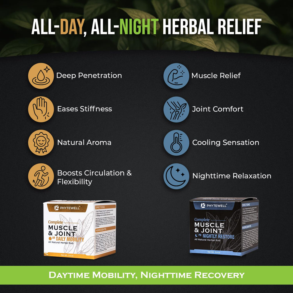 PHYTEWELL Muscle & Joint Rub Balm - Day & Night Pain Relief for Back, Knee, & Shoulder - Crafted with Arnica, Clove & Black Pepper to Support Recovery & Relaxation – Premium Non-Greasy Texture - TrustMedUSA