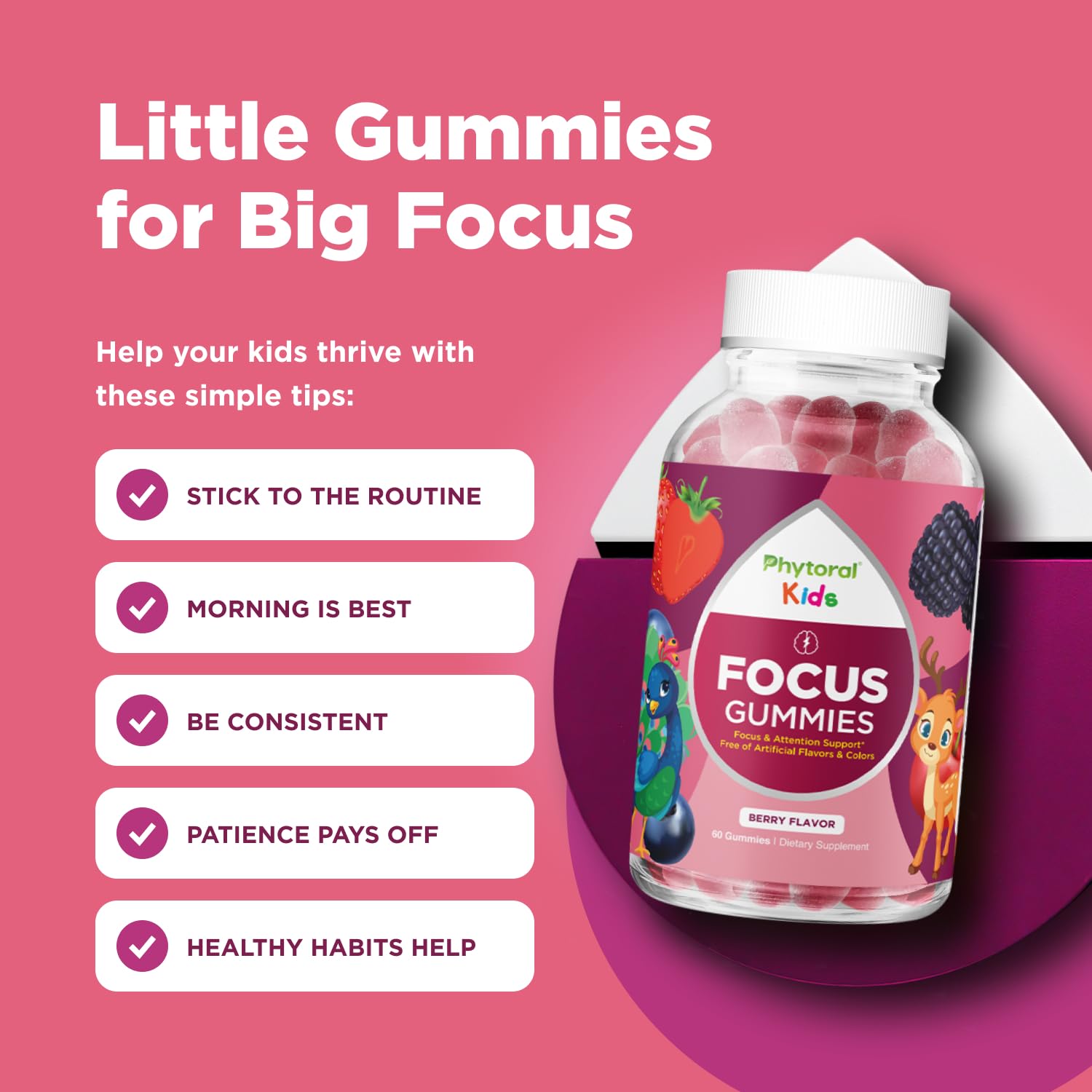 Phytoral Vegan Kids Focus Gummies - Potent Chewable Brain Support for Children - Enhances Concentration & Memory - Calming Supplements & Focus Gummies for Kids - Non-GMO & Gluten-Free - 60 Count - TrustMedUSA