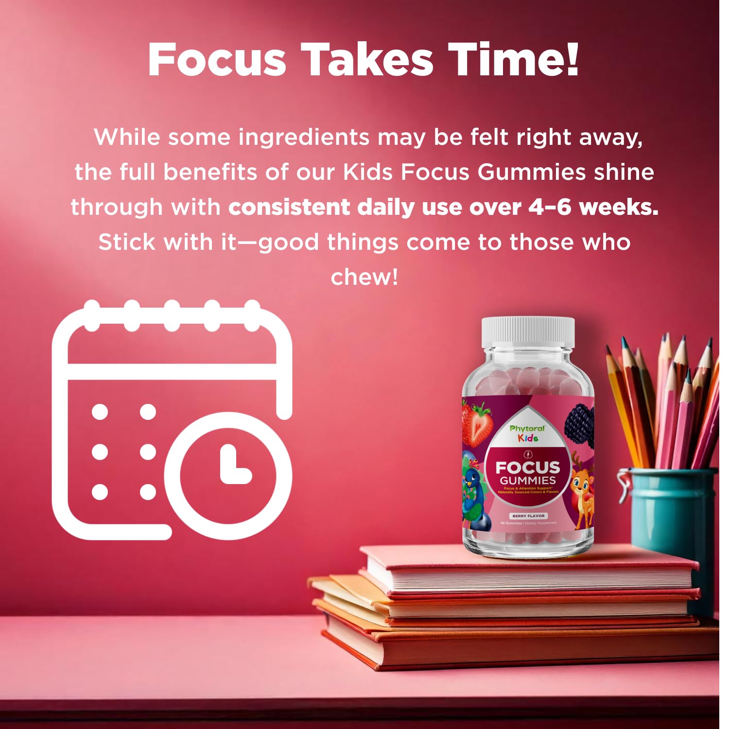 Phytoral Vegan Kids Focus Gummies - Potent Chewable Brain Support for Children - Enhances Concentration & Memory - Calming Supplements & Focus Gummies for Kids - Non-GMO & Gluten-Free - 60 Count - TrustMedUSA