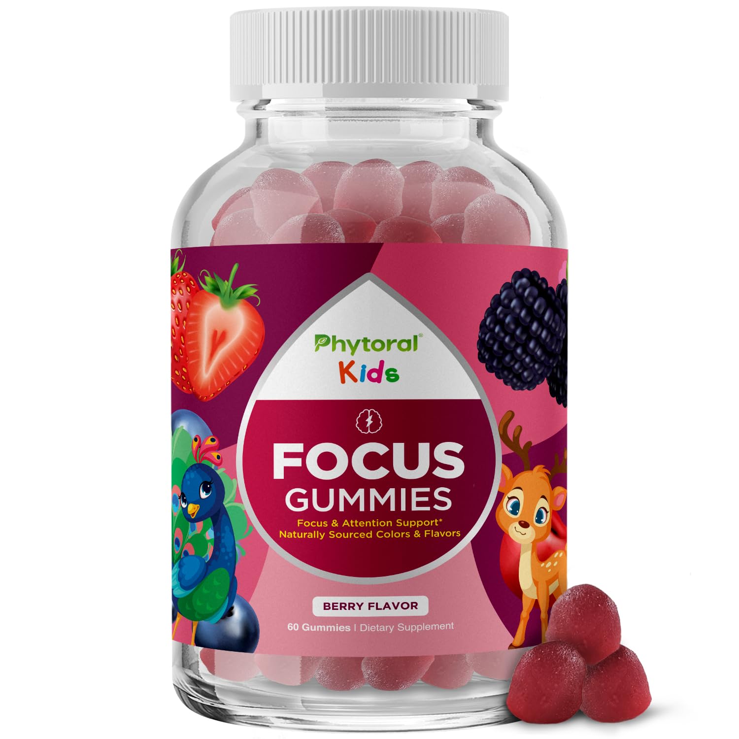Phytoral Vegan Kids Focus Gummies - Potent Chewable Brain Support for Children - Enhances Concentration & Memory - Calming Supplements & Focus Gummies for Kids - Non-GMO & Gluten-Free - 60 Count - TrustMedUSA