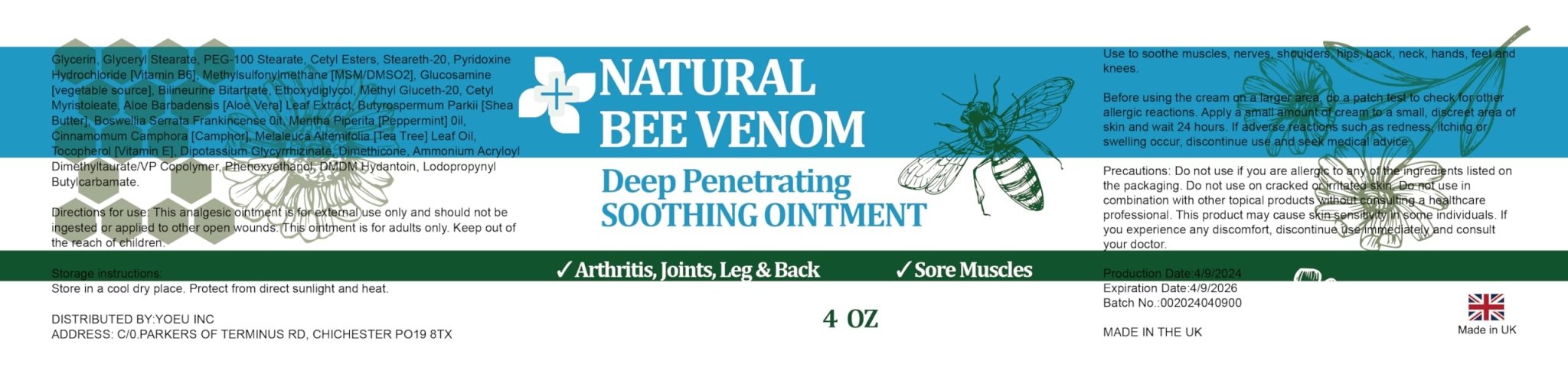 PIBIOOMAP Natural Bee Venom Joint & Muscle & Bone Release Oniment - Homeopathic Remedy - Fast Acting Release for Back, Neck, Hand, Feet, Knee, Muscle, Shoulder, Nerve, Ankle, Foot - TrustMedUSA