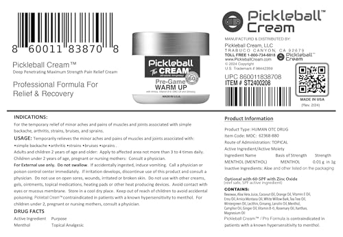 Pickleball Cream PRE-Game Warm UP SPF 60 Joint & Muscle Therapy Cream Grip Strength Pickleball Paddle Control Accurate Ball Shots Joints Muscles Metabolism Oxygen Pain Prevention Maximum Performance - TrustMedUSA