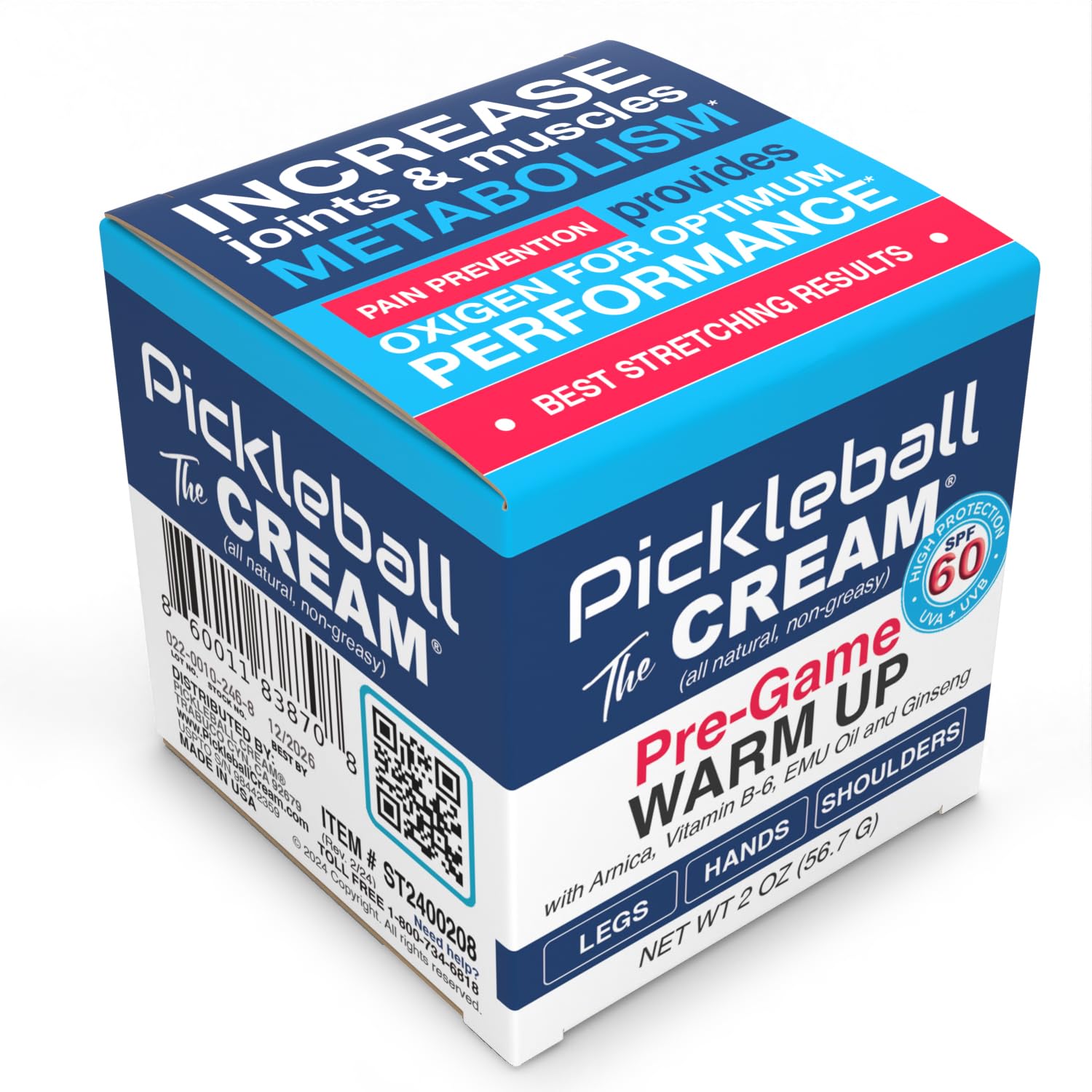 Pickleball Cream PRE-Game Warm UP SPF 60 Joint & Muscle Therapy Cream Grip Strength Pickleball Paddle Control Accurate Ball Shots Joints Muscles Metabolism Oxygen Pain Prevention Maximum Performance - TrustMedUSA