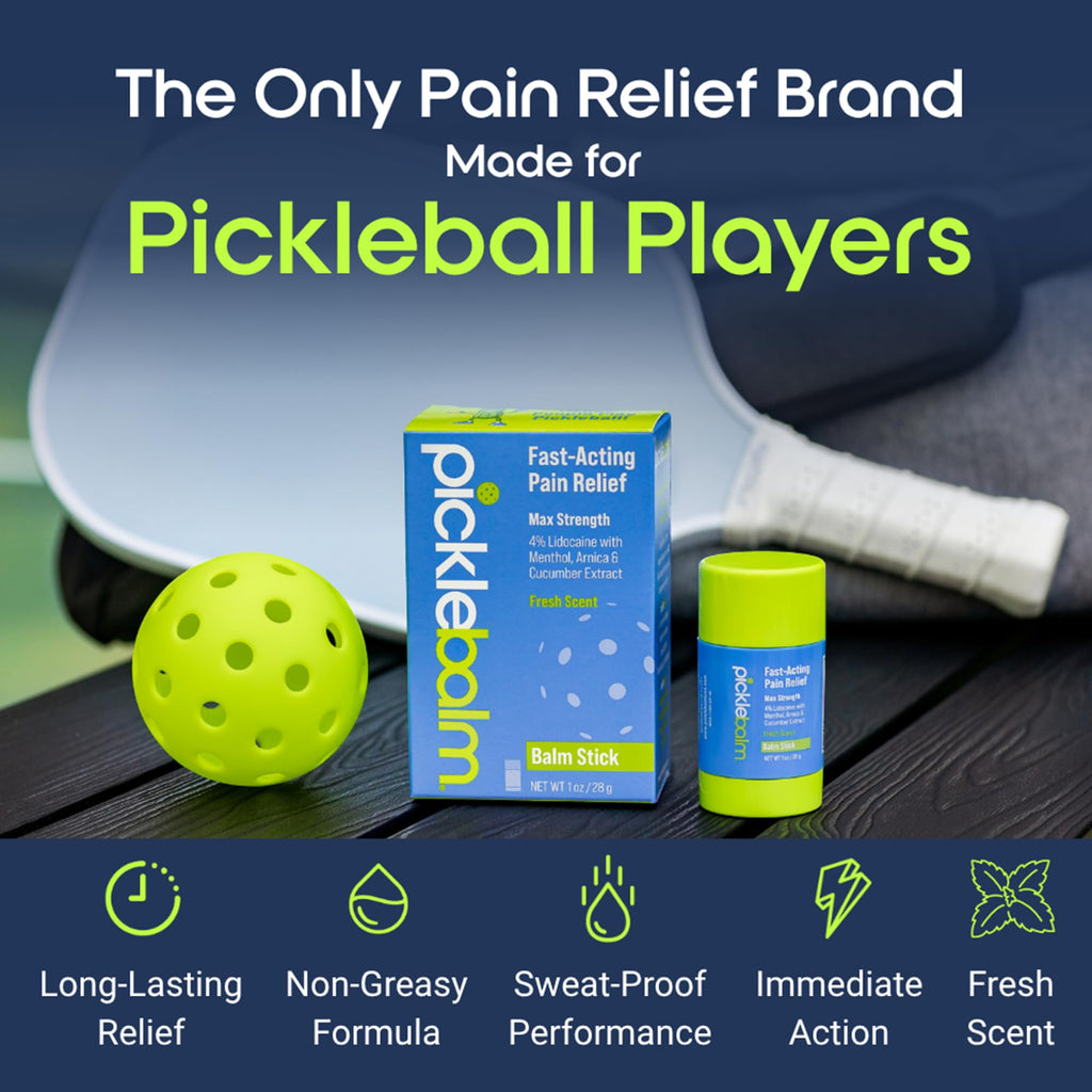 PickleBalm Pickleball In-Game Muscle Pain Relief Balm Stick with 4% Lidocaine, Arnica, Menthol, Cucumber Seed Extract for Shoulders, Knees, Wrists, and More, 1oz Stick - TrustMedUSA