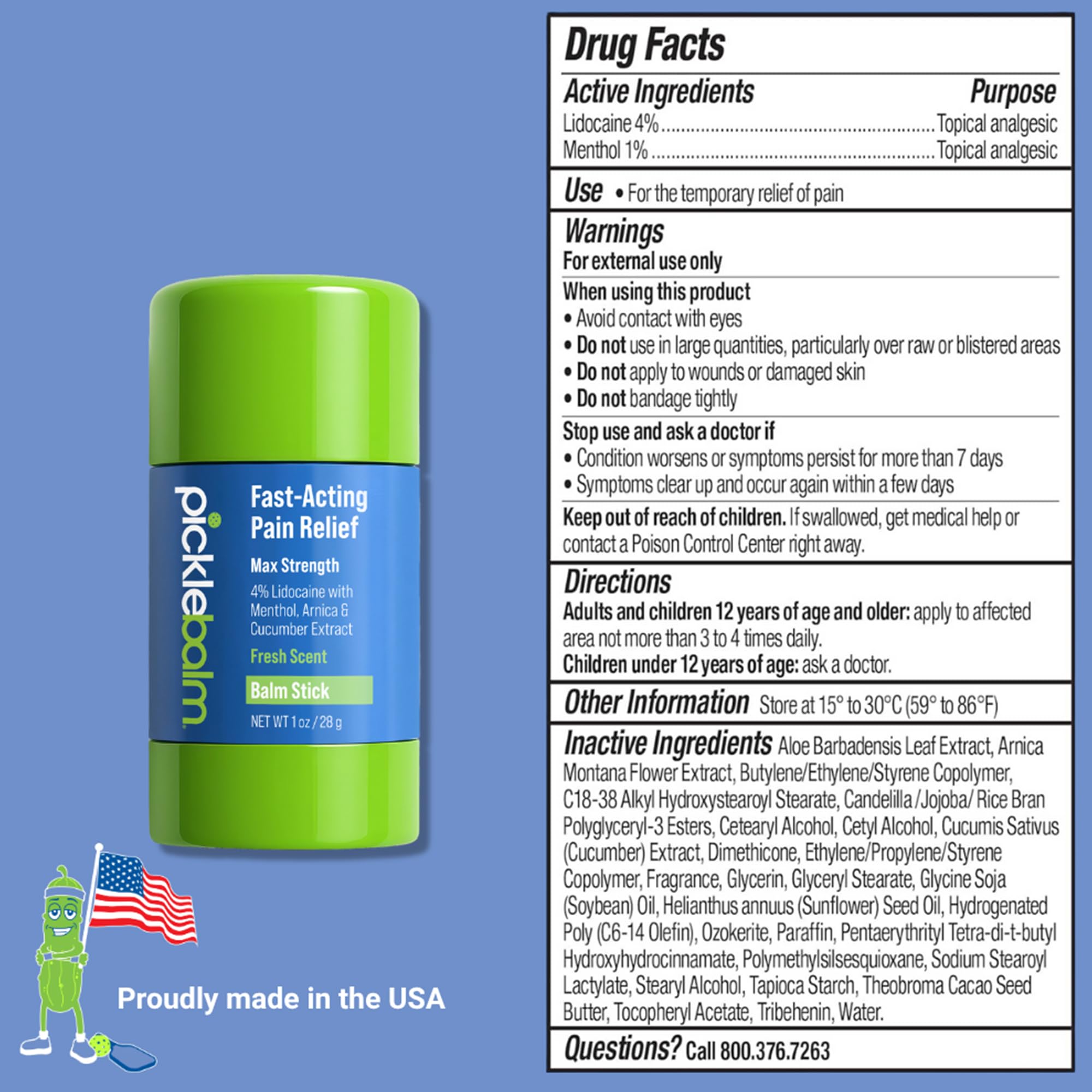 PickleBalm Pickleball In-Game Muscle Pain Relief Balm Stick with 4% Lidocaine, Arnica, Menthol, Cucumber Seed Extract for Shoulders, Knees, Wrists, and More, 1oz Stick - TrustMedUSA