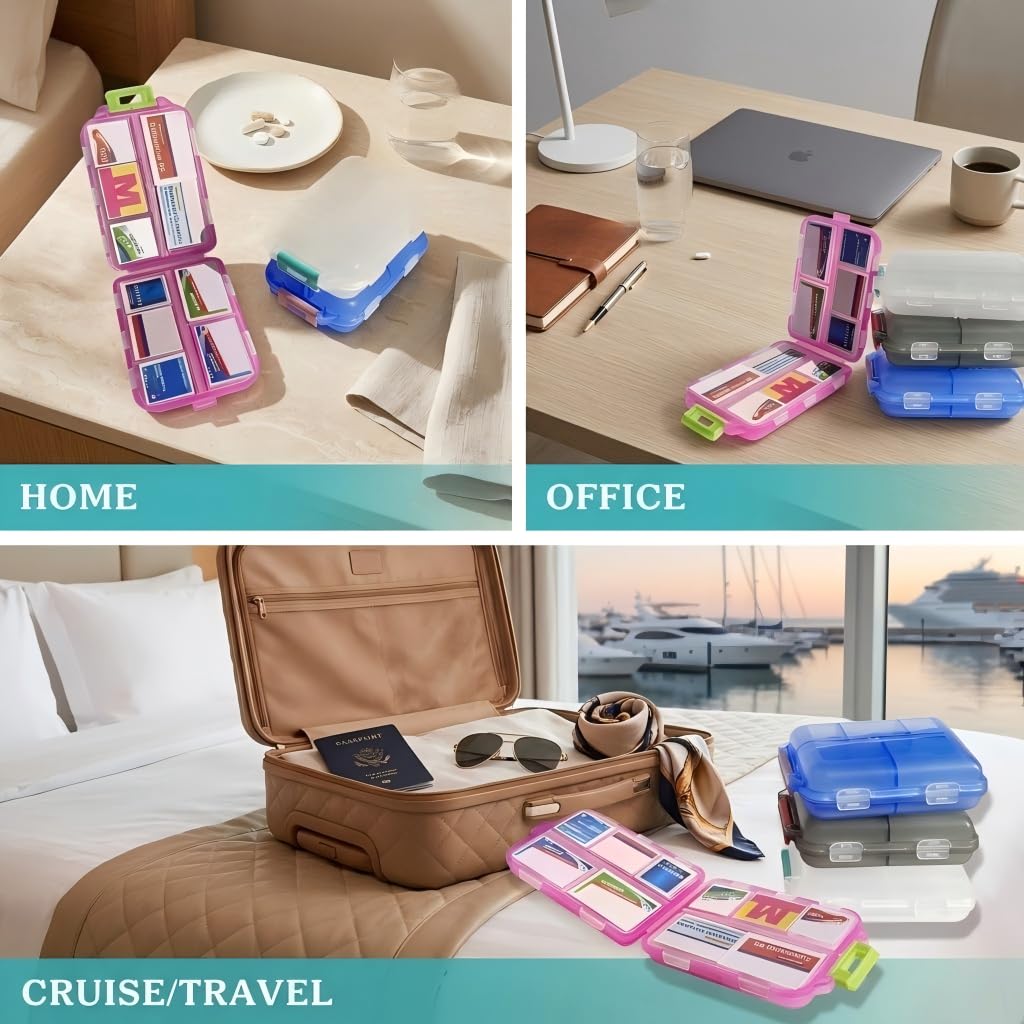 Pill Organizer with Medicine Labels Travel Daily Pill Container Mini Medication Organizer Storage Pill Organizer Travel Essentials Pill Case 7 Day (Pink & 161 Lables) - Maple Wellness Supplements