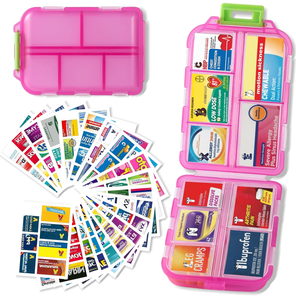 Pill Organizer with Medicine Labels Travel Daily Pill Container Mini Medication Organizer Storage Pill Organizer Travel Essentials Pill Case 7 Day (Pink & 161 Lables) - Maple Wellness Supplements