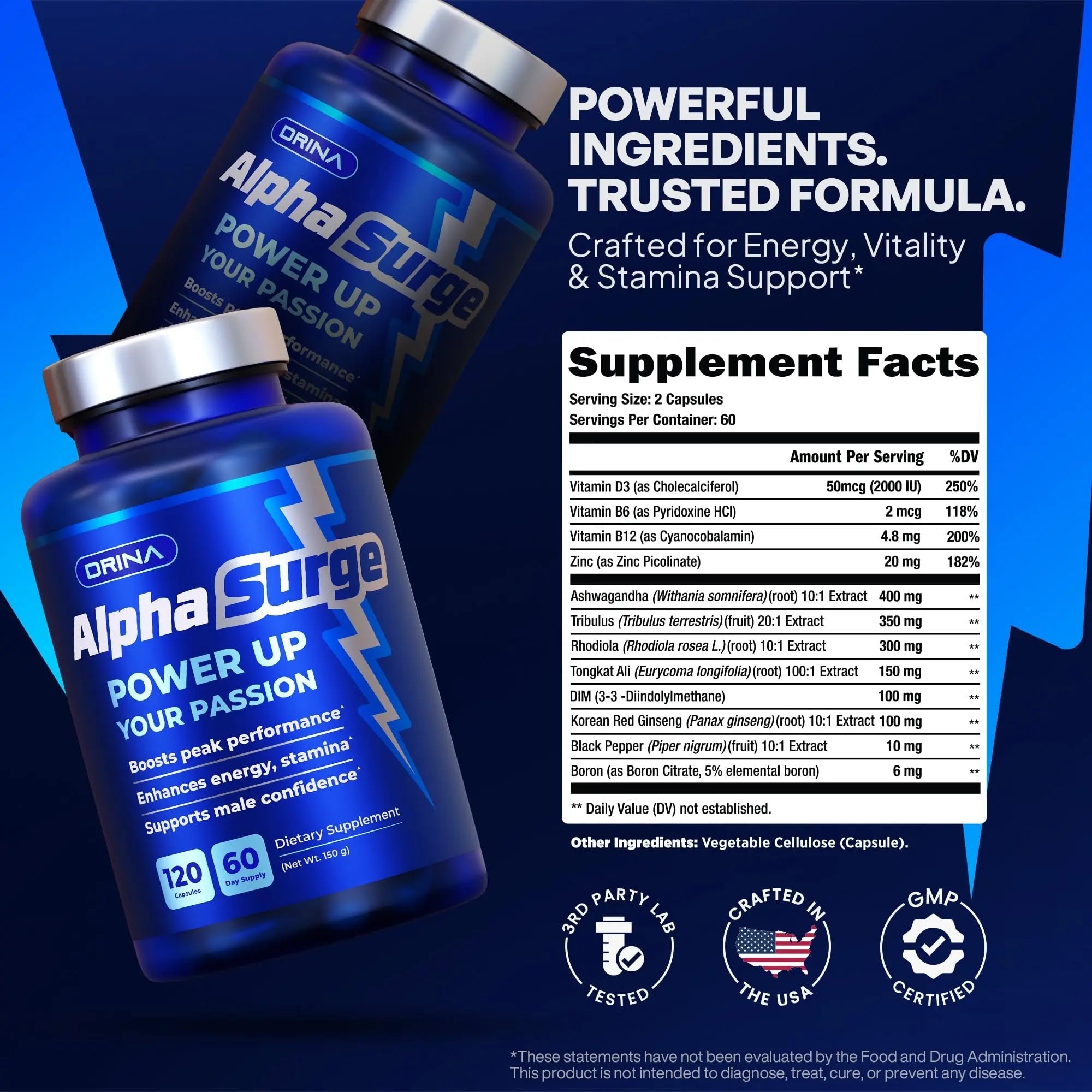 Pills for Men Fast Acting - Male Enhancing Supplement Testosterone Booster - Blood Flow, Libido, Size, Girth, Hardness, Stamina, Enlargement, Growth - Natural Performance Enhancer - 2 Month Supply - TrustMedUSA