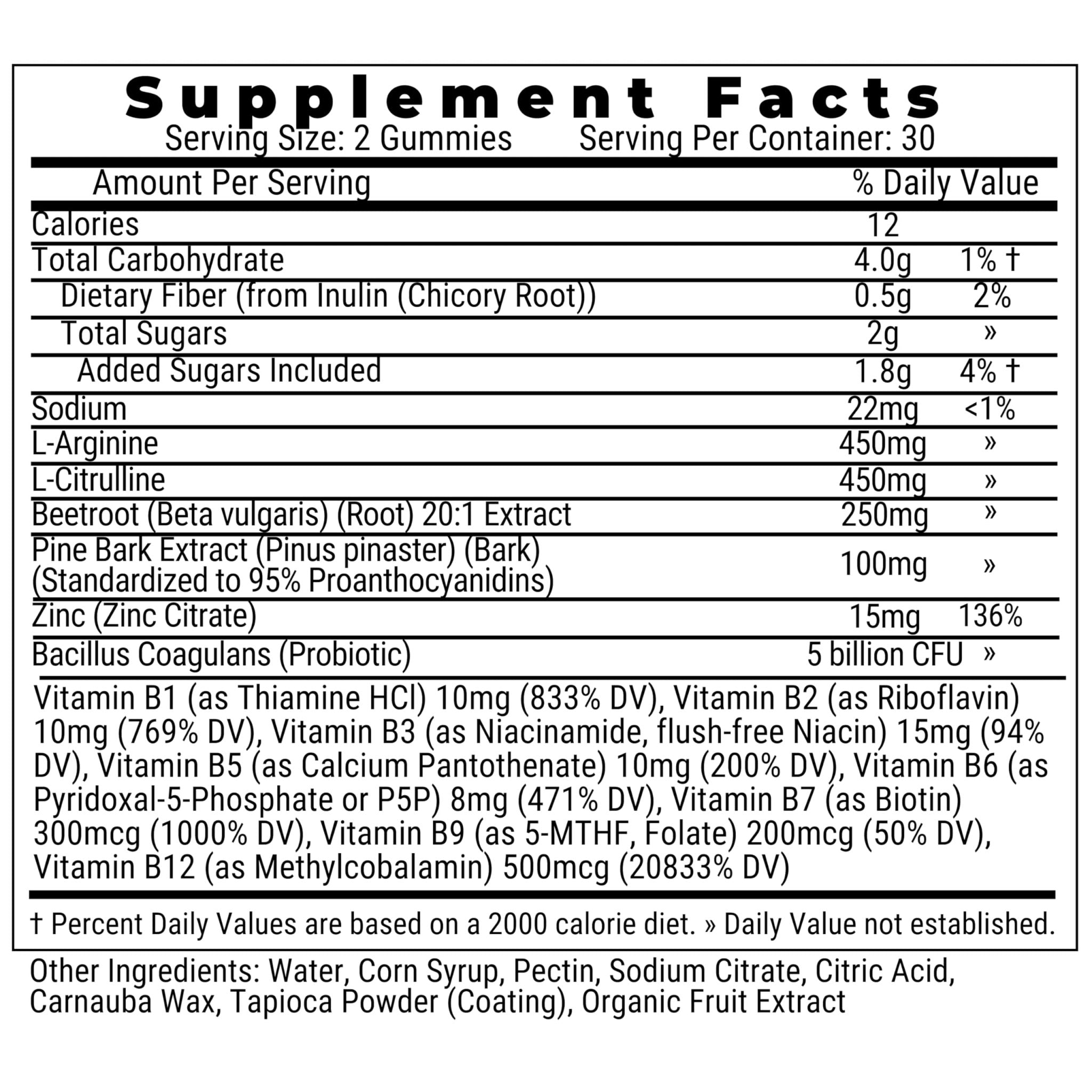 Pine Bark Extract L-Arginine L-Citrulline Beetroot Probiotic Fiber Methylated B Complex Zinc Gummies for Women Men Adults Kids w. Chicory Root Inulin 5-MTHF B6 P5P Powder Capsule Pill Supplement Alt - TrustMedUSA