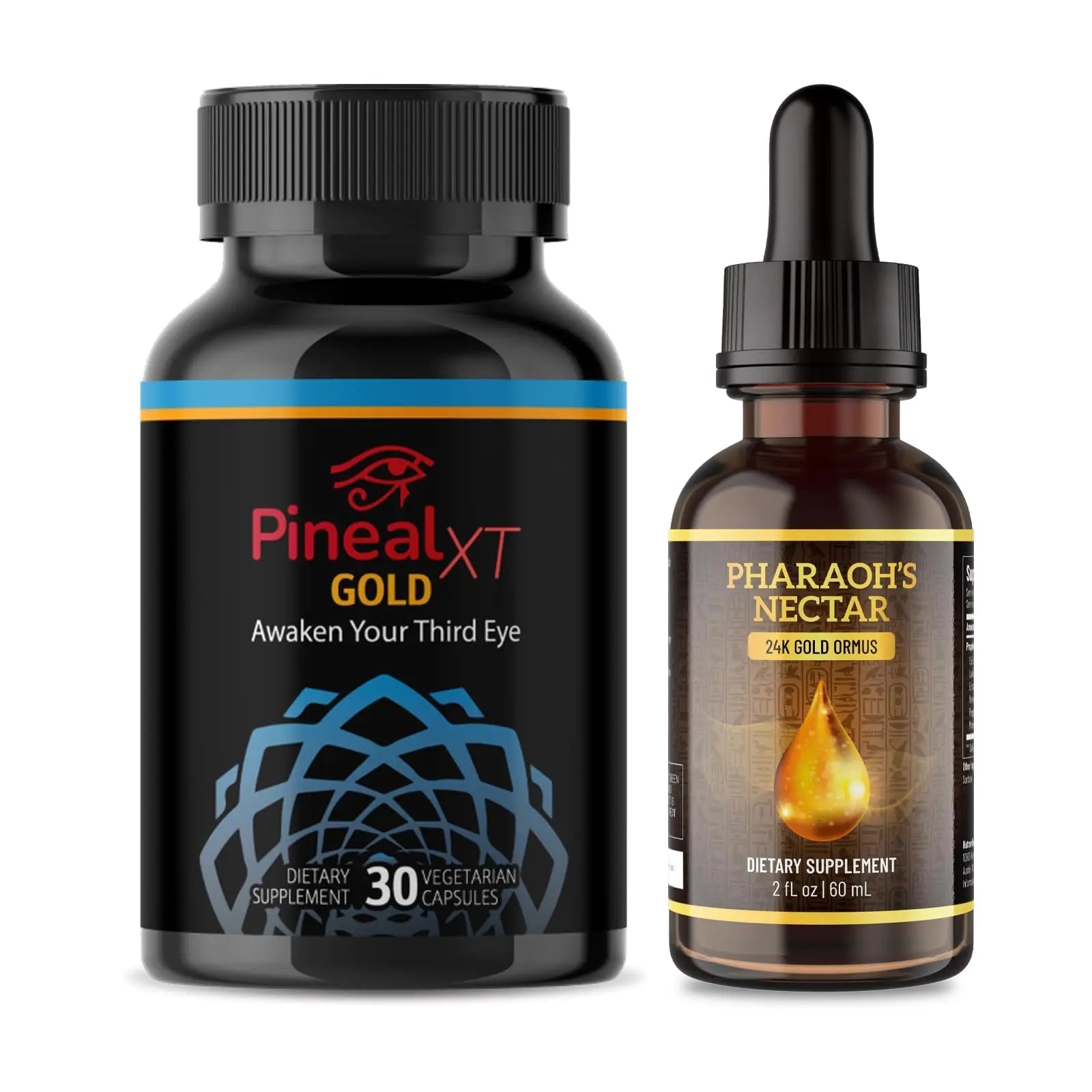Pineal XT Gold + Pharaoh's Nectar - Pineal Gland Supplement Bundle – 24K Monoatomic Gold Ormus Drops, Pineal Gland Decalcification, Third Eye Awakening, Focus, Energy & Manifestation - TrustMedUSA