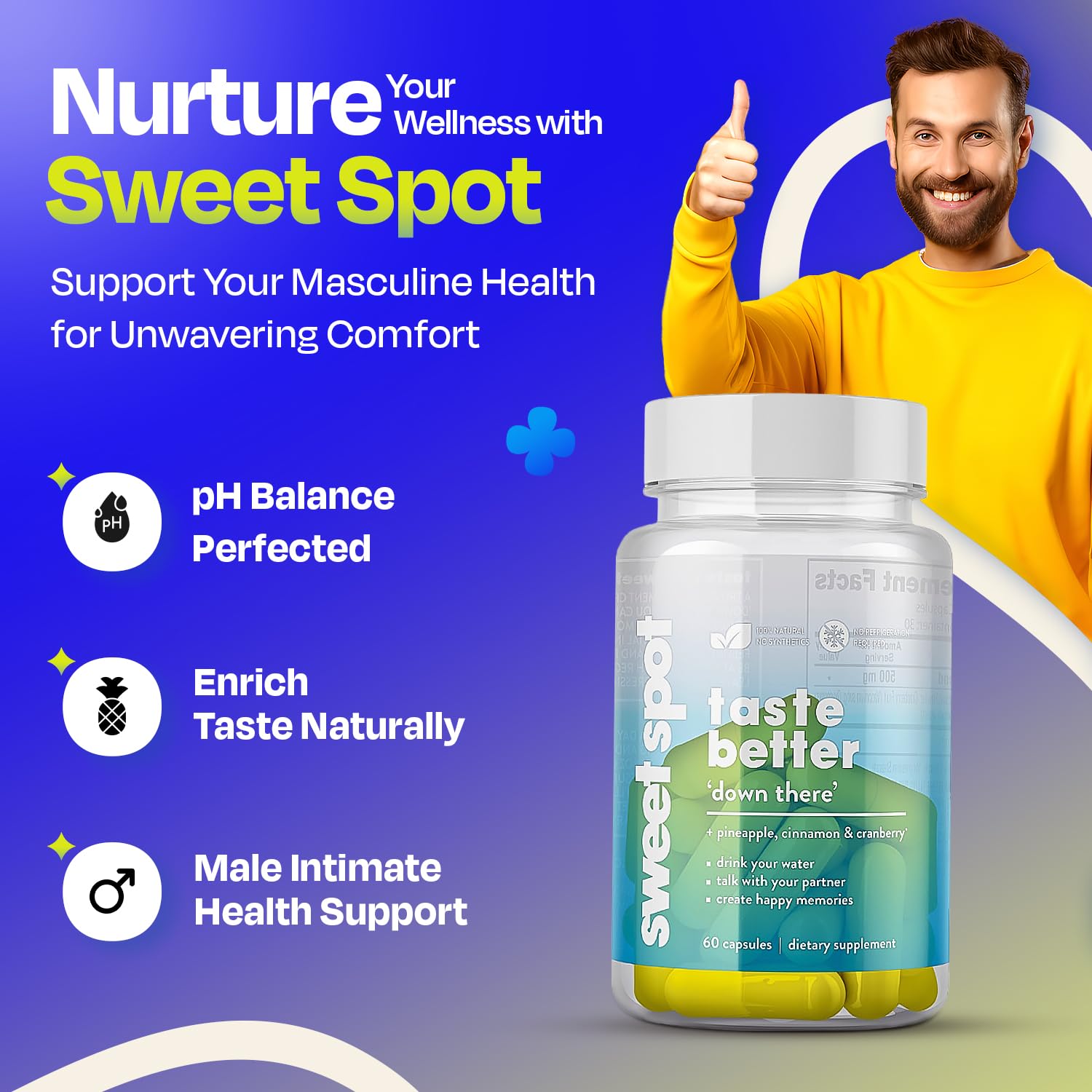Pineapple Probiotics for Men – 625mg Sweet Spot Formula with Pineapple Extract, Cranberry & Cinnamon, Supports pH Balance & Freshens Taste, 60 Capsules, Made in the USA - TrustMedUSA