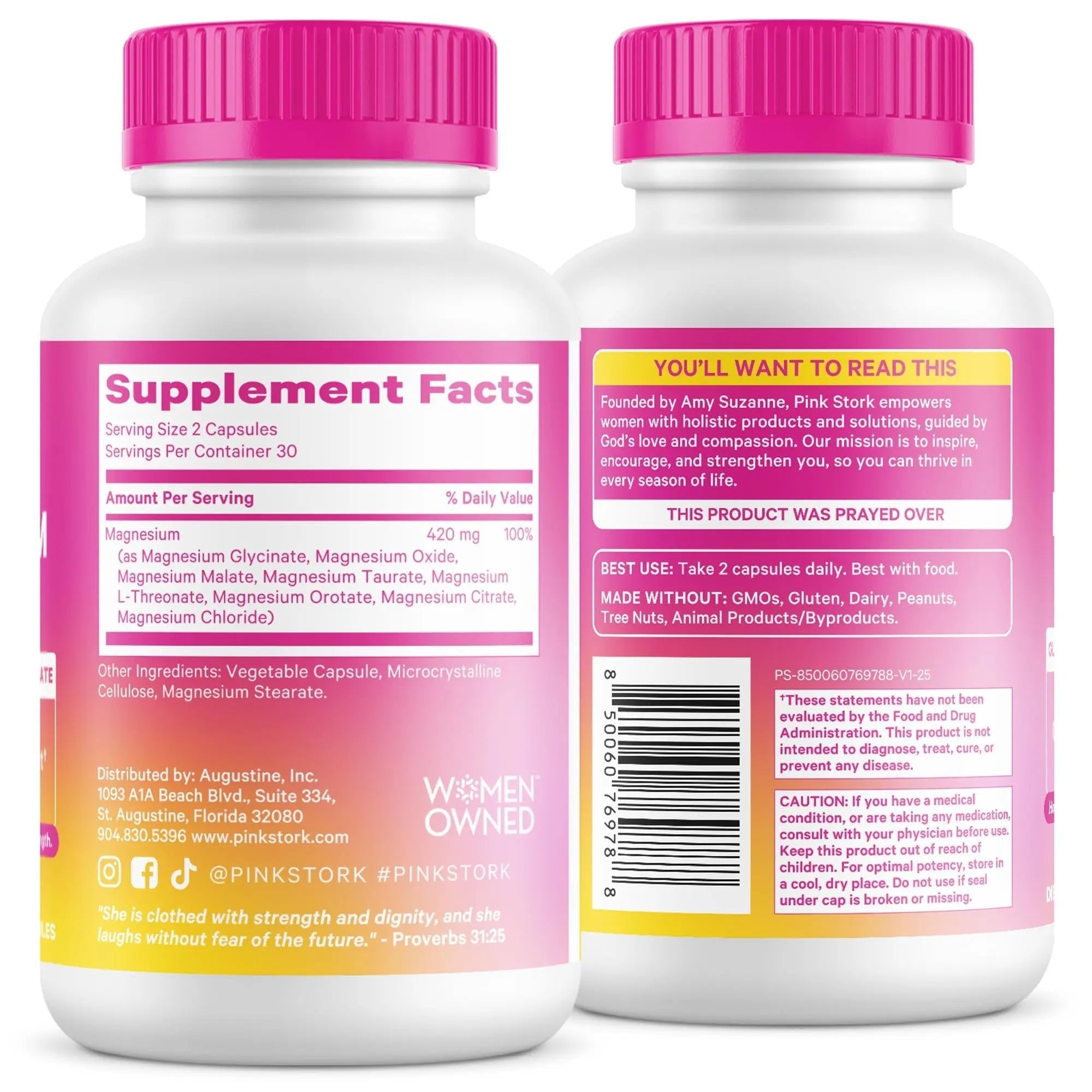 Pink Stork Magnesium Complex for Women - 8 Forms Including Glycinate, Malate, Citrate & L-Threonate - Stress, Sleep, Muscle & Hormone Support - 400 mg Elemental Magnesium - 60 Vegan Capsules - TrustMedUSA