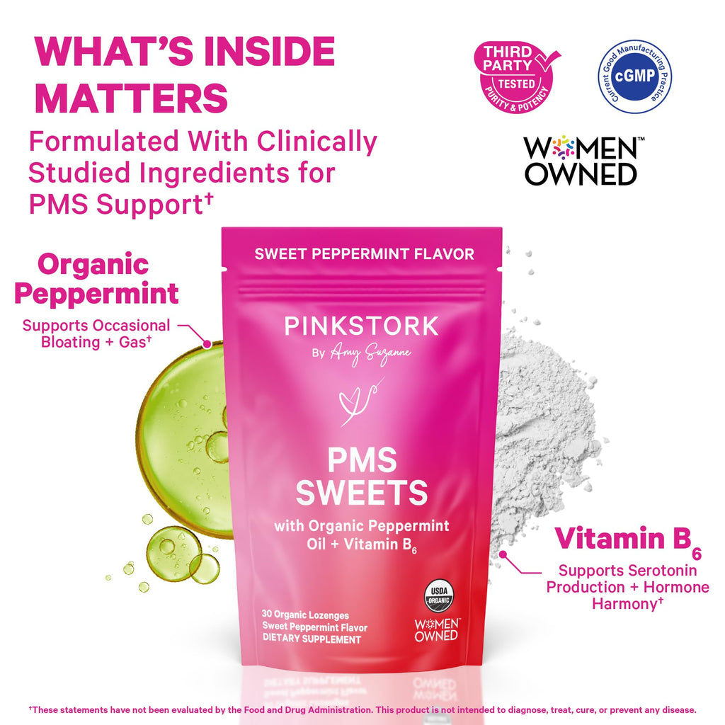 Pink Stork Organic PMS Support Sweets for Teens and Women - Simple & Natural Ingredients Vitamin B6 and Peppermint - Period, Digestion, Bloating, Mood Swings - 30 Drops - Maple Wellness Supplements