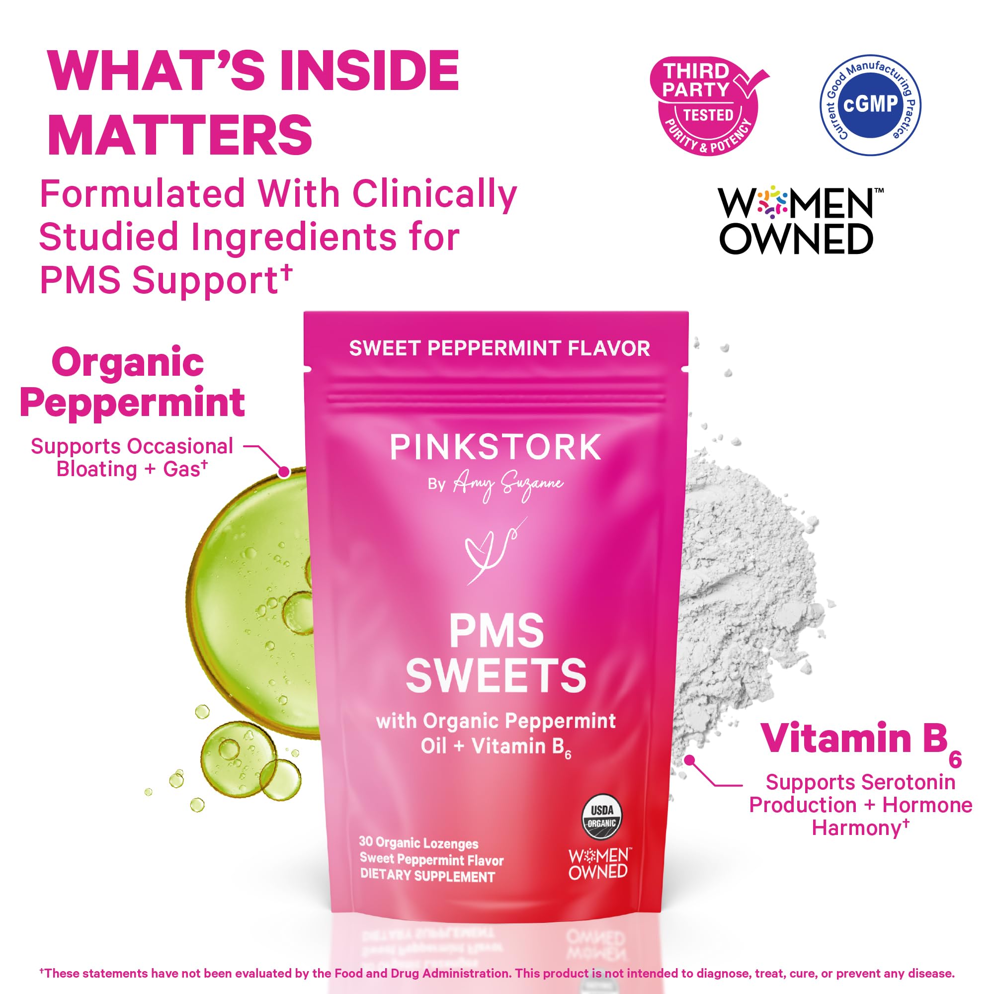 Pink Stork Organic PMS Support Sweets for Teens and Women - Simple & Natural Ingredients Vitamin B6 and Peppermint - Period, Digestion, Bloating, Mood Swings - 30 Drops - Maple Wellness Supplements