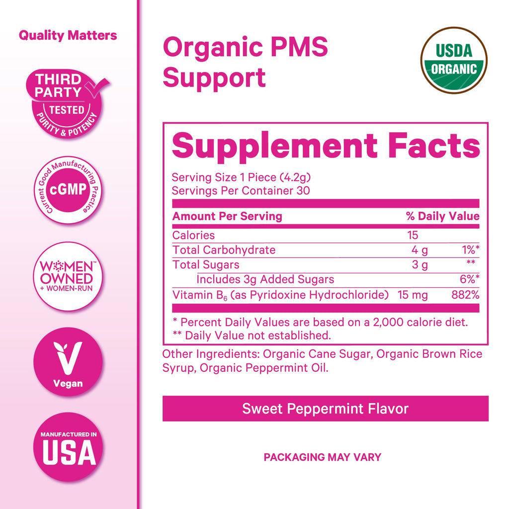 Pink Stork Organic PMS Support Sweets for Teens and Women - Simple & Natural Ingredients Vitamin B6 and Peppermint - Period, Digestion, Bloating, Mood Swings - 30 Drops - Maple Wellness Supplements