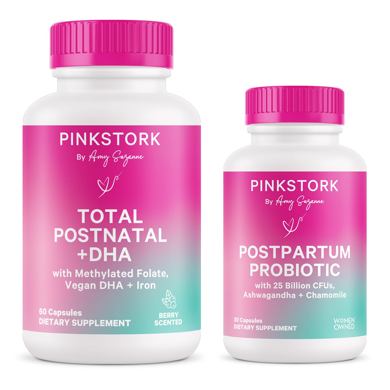 Pink Stork Postnatal Multivitamin + Probiotics with Vegan DHA, Ashwagandha, Iron, Folate, B12 - Supports Hormone Balance, Postpartum Recovery, Gut Health, & Digestion - Pack of 2 - Maple Wellness Supplements
