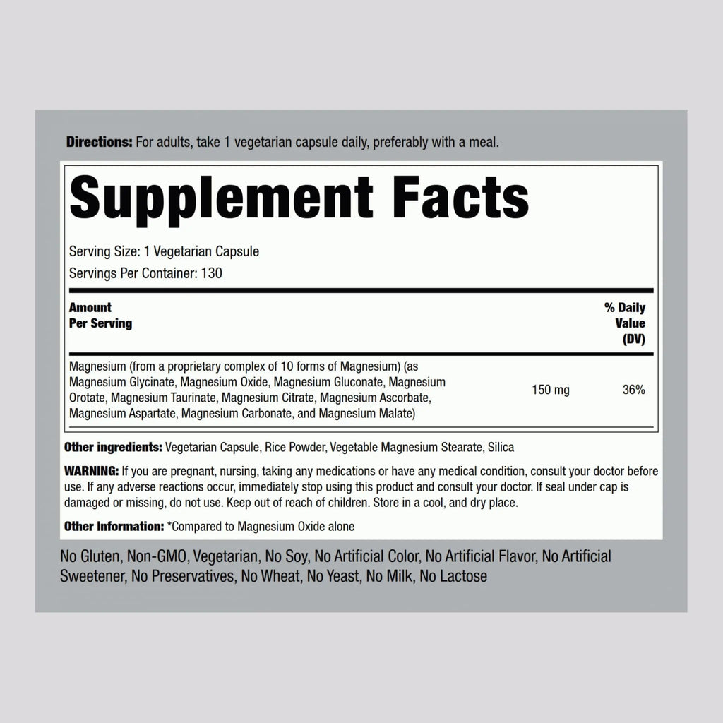 Piping Rock Magnesium 10 in One Complex | 130 Capsules | Supplement for Men and Women | Vegetarian, Non-GMO, Gluten Free - TrustMedUSA