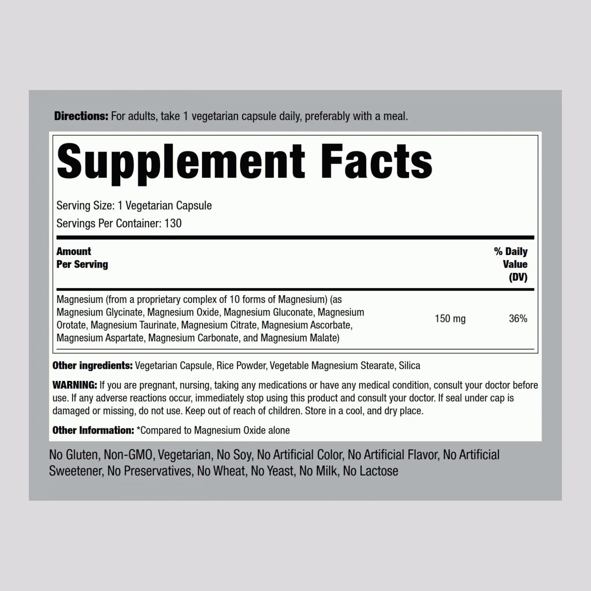 Piping Rock Magnesium 10 in One Complex | 130 Capsules | Supplement for Men and Women | Vegetarian, Non-GMO, Gluten Free - TrustMedUSA