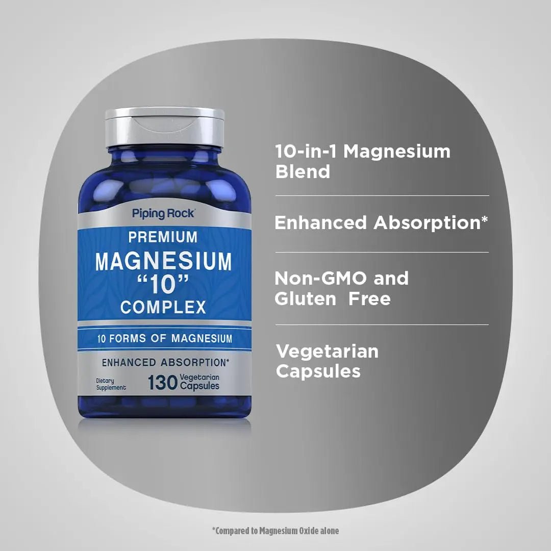 Piping Rock Magnesium 10 in One Complex | 130 Capsules | Supplement for Men and Women | Vegetarian, Non-GMO, Gluten Free - TrustMedUSA
