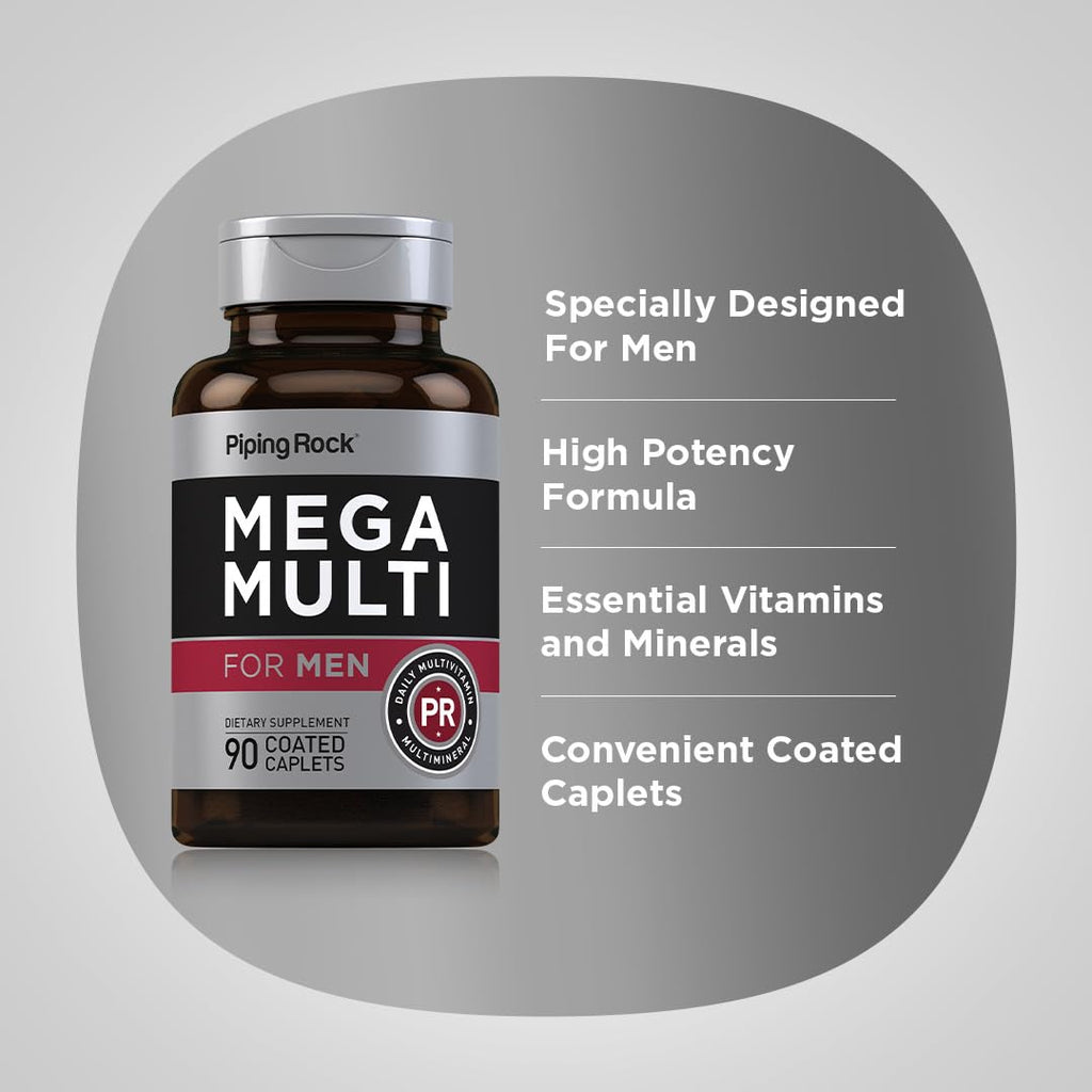 Piping Rock Men's Multivitamin | 90 Caplets | Mega Vitamin and Mineral Complex | Daily Support Supplement | with Vitamin C, D, Magnesium, Zinc | Non-GMO, Gluten Free - TrustMedUSA