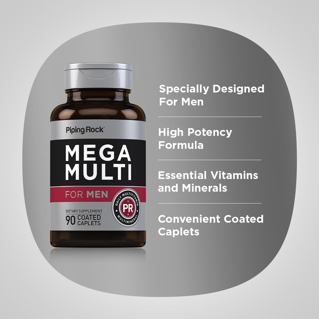 Piping Rock Men's Multivitamin | 90 Caplets | Mega Vitamin and Mineral Complex | Daily Support Supplement | with Vitamin C, D, Magnesium, Zinc | Non-GMO, Gluten Free - TrustMedUSA