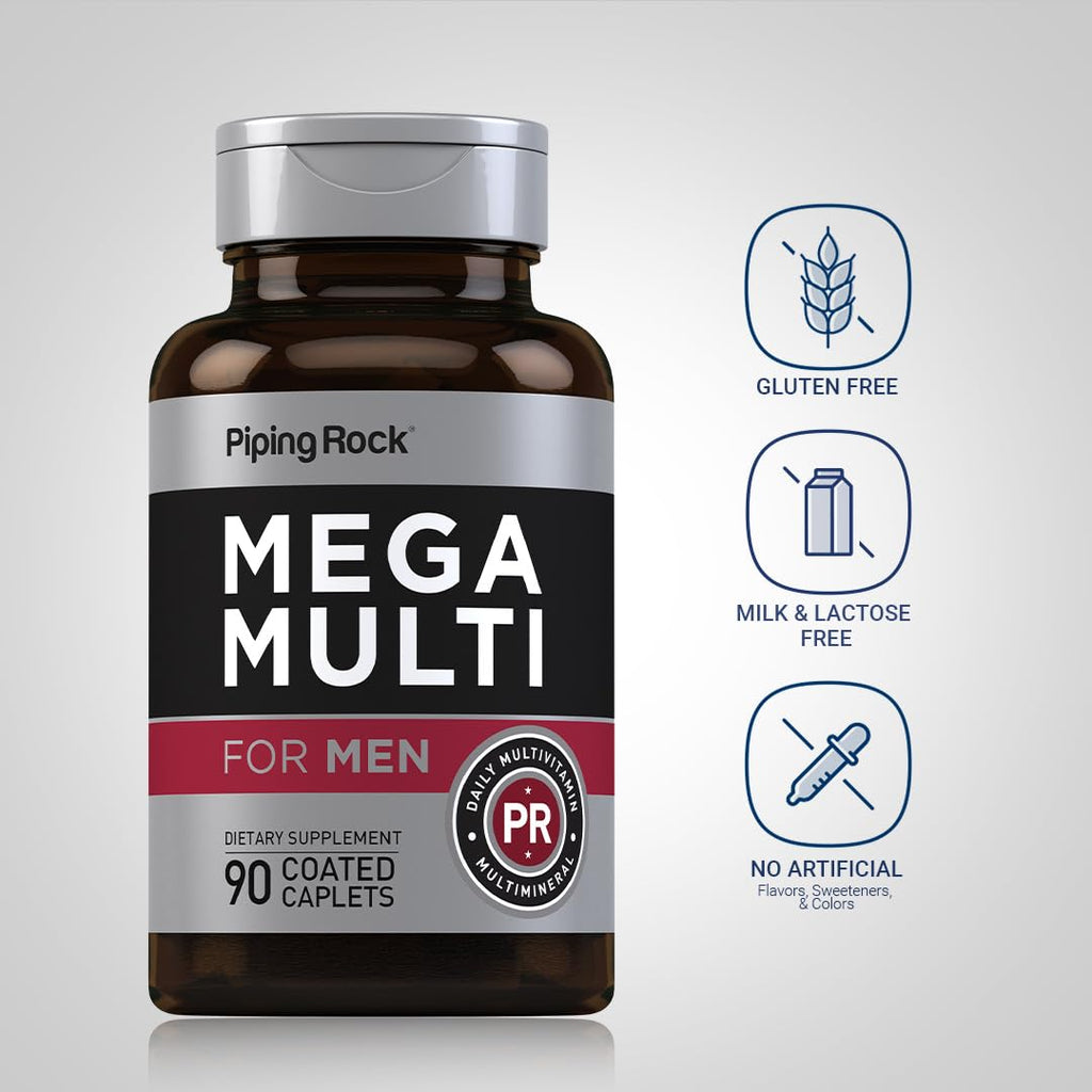 Piping Rock Men's Multivitamin | 90 Caplets | Mega Vitamin and Mineral Complex | Daily Support Supplement | with Vitamin C, D, Magnesium, Zinc | Non-GMO, Gluten Free - TrustMedUSA