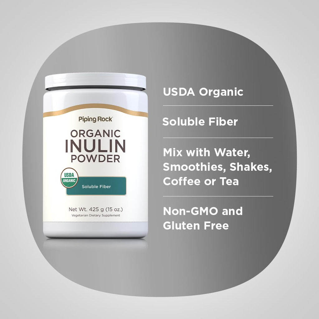 Piping Rock Organic Inulin Powder | 15 oz | Soluble Fiber Supplement | FOS Powder | Vegetarian, Non-GMO, Gluten Free - TrustMedUSA