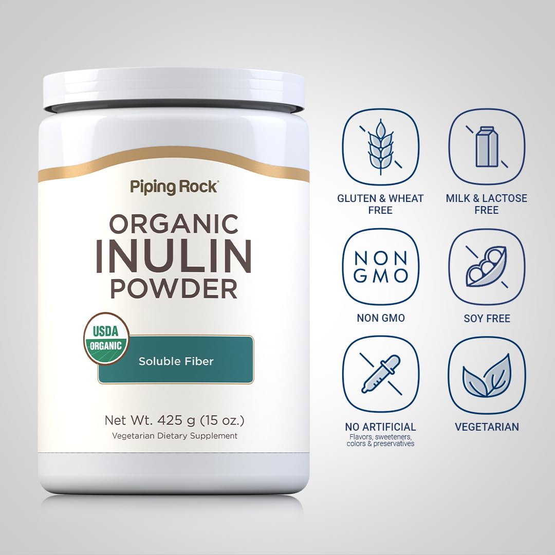 Piping Rock Organic Inulin Powder | 15 oz | Soluble Fiber Supplement | FOS Powder | Vegetarian, Non-GMO, Gluten Free - TrustMedUSA