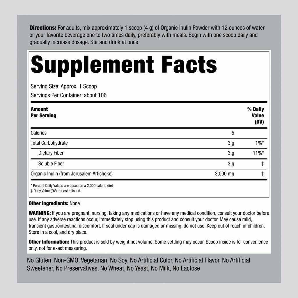 Piping Rock Organic Inulin Powder | 15 oz | Soluble Fiber Supplement | FOS Powder | Vegetarian, Non-GMO, Gluten Free - TrustMedUSA