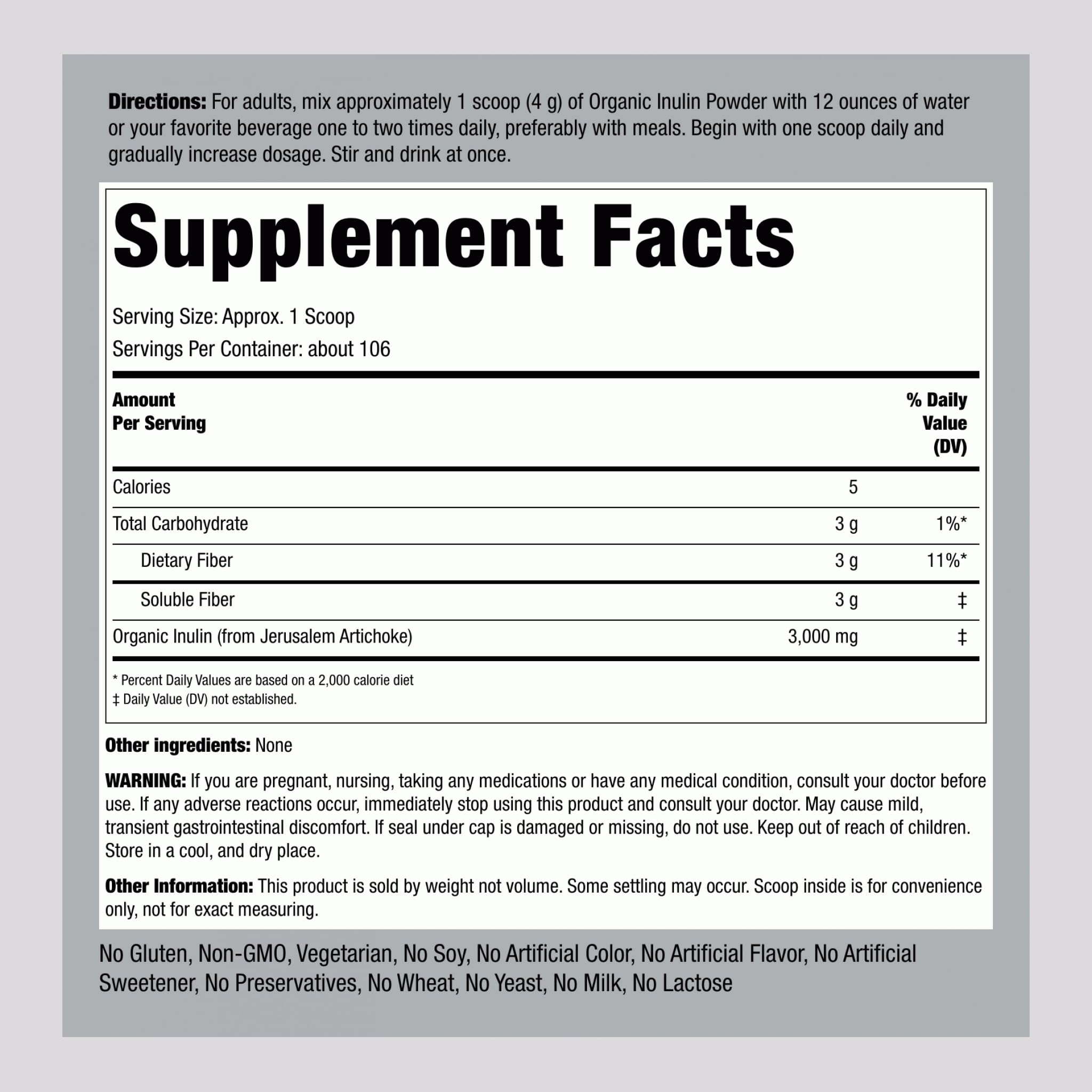 Piping Rock Organic Inulin Powder | 15 oz | Soluble Fiber Supplement | FOS Powder | Vegetarian, Non-GMO, Gluten Free - TrustMedUSA