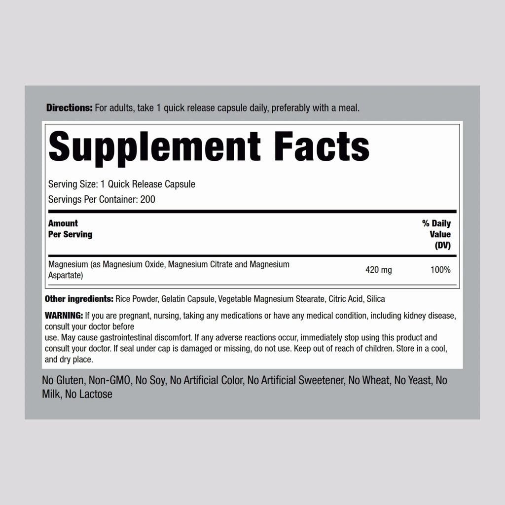 Piping Rock Triple Magnesium Complex | 420 mg | 200 Capsules | Magnesium Oxide, Citrate, and Aspartate Supplement | Non-GMO, Gluten Free - TrustMedUSA
