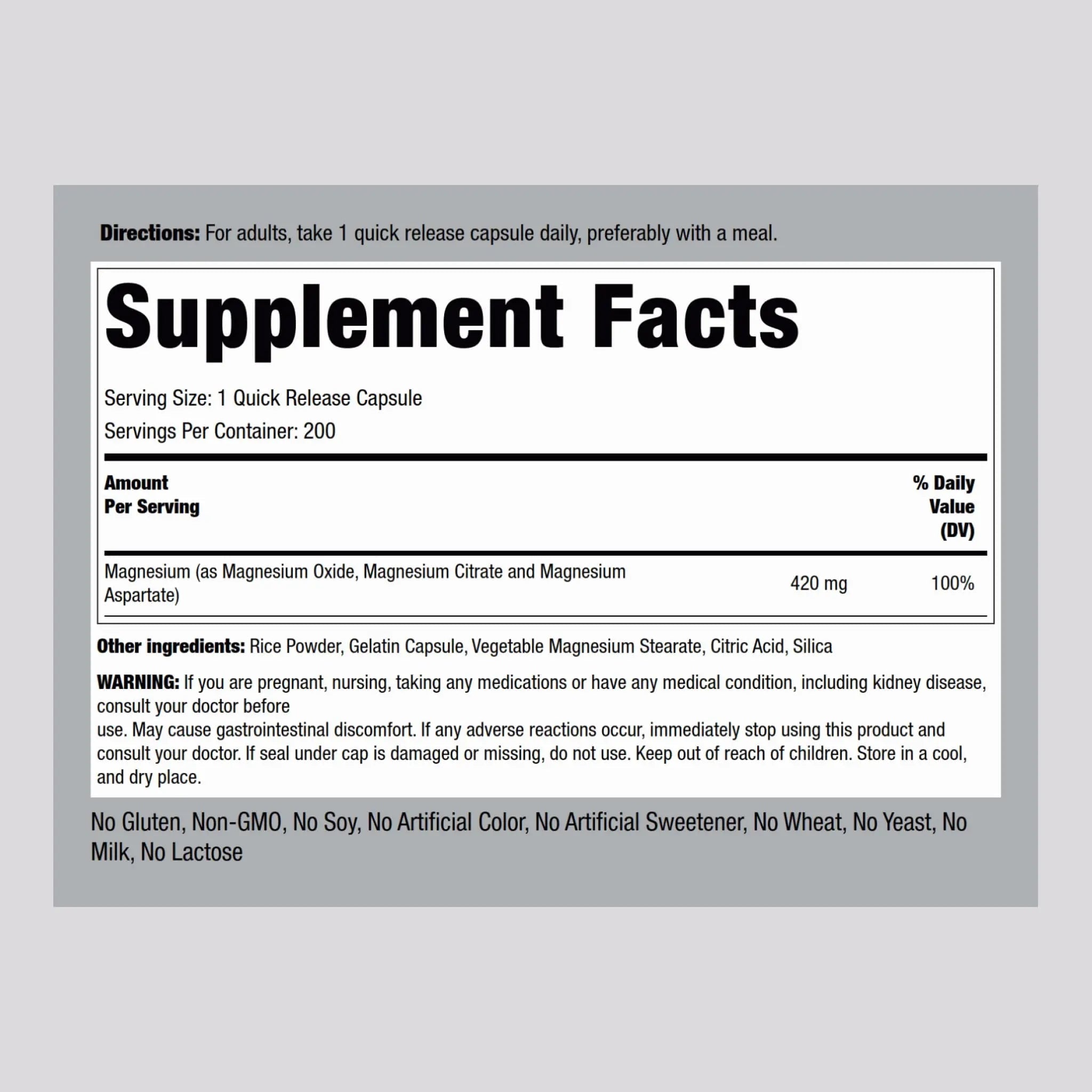 Piping Rock Triple Magnesium Complex | 420 mg | 200 Capsules | Magnesium Oxide, Citrate, and Aspartate Supplement | Non-GMO, Gluten Free - TrustMedUSA