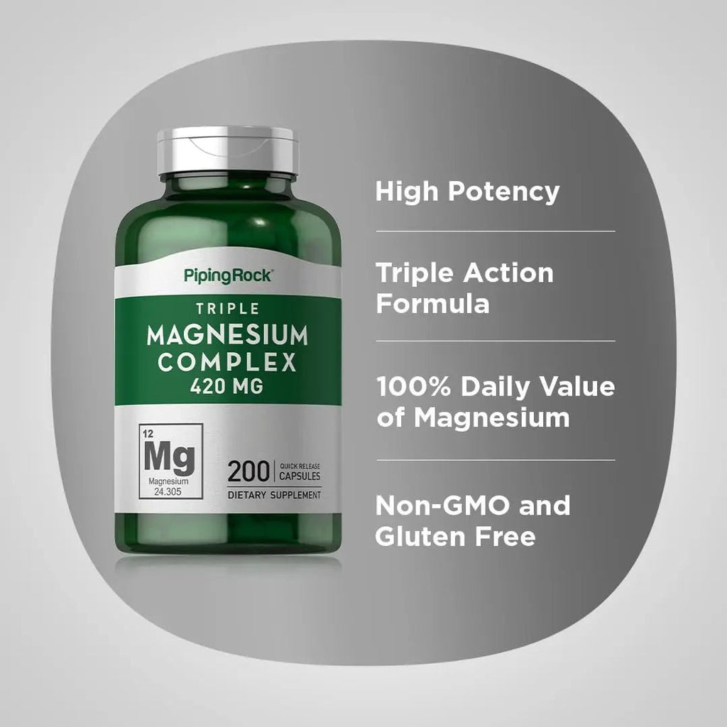 Piping Rock Triple Magnesium Complex | 420 mg | 200 Capsules | Magnesium Oxide, Citrate, and Aspartate Supplement | Non-GMO, Gluten Free - TrustMedUSA