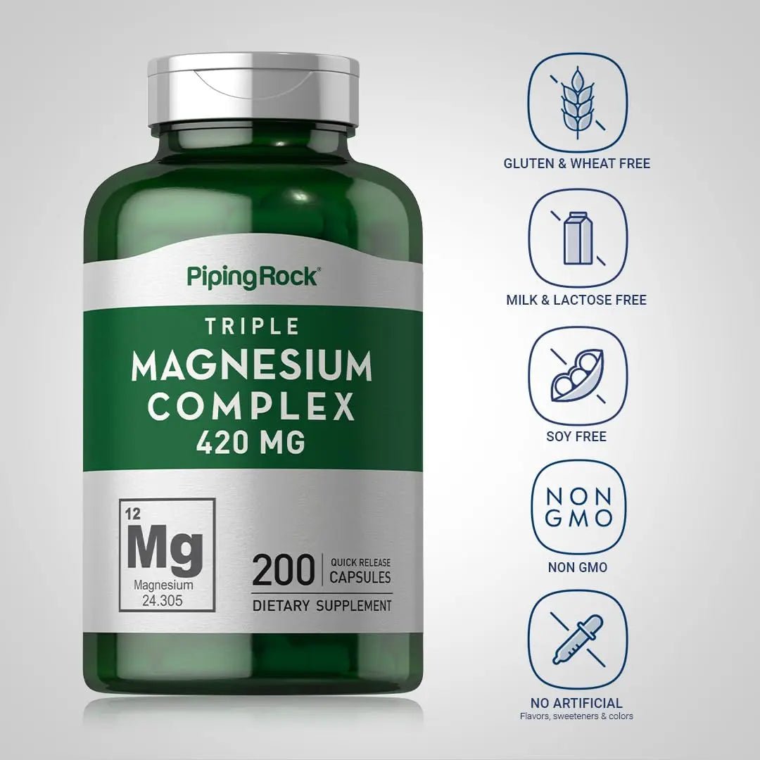 Piping Rock Triple Magnesium Complex | 420 mg | 200 Capsules | Magnesium Oxide, Citrate, and Aspartate Supplement | Non-GMO, Gluten Free - TrustMedUSA